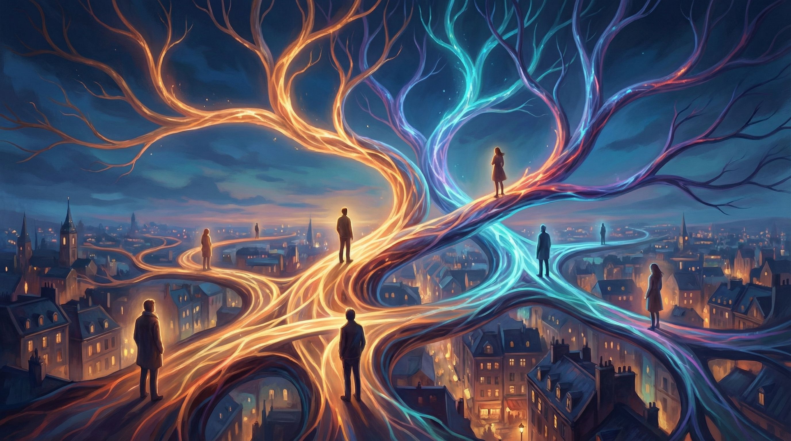 a branching decision tree hovering over a cityscape at dusk, with glowing paths representing differe