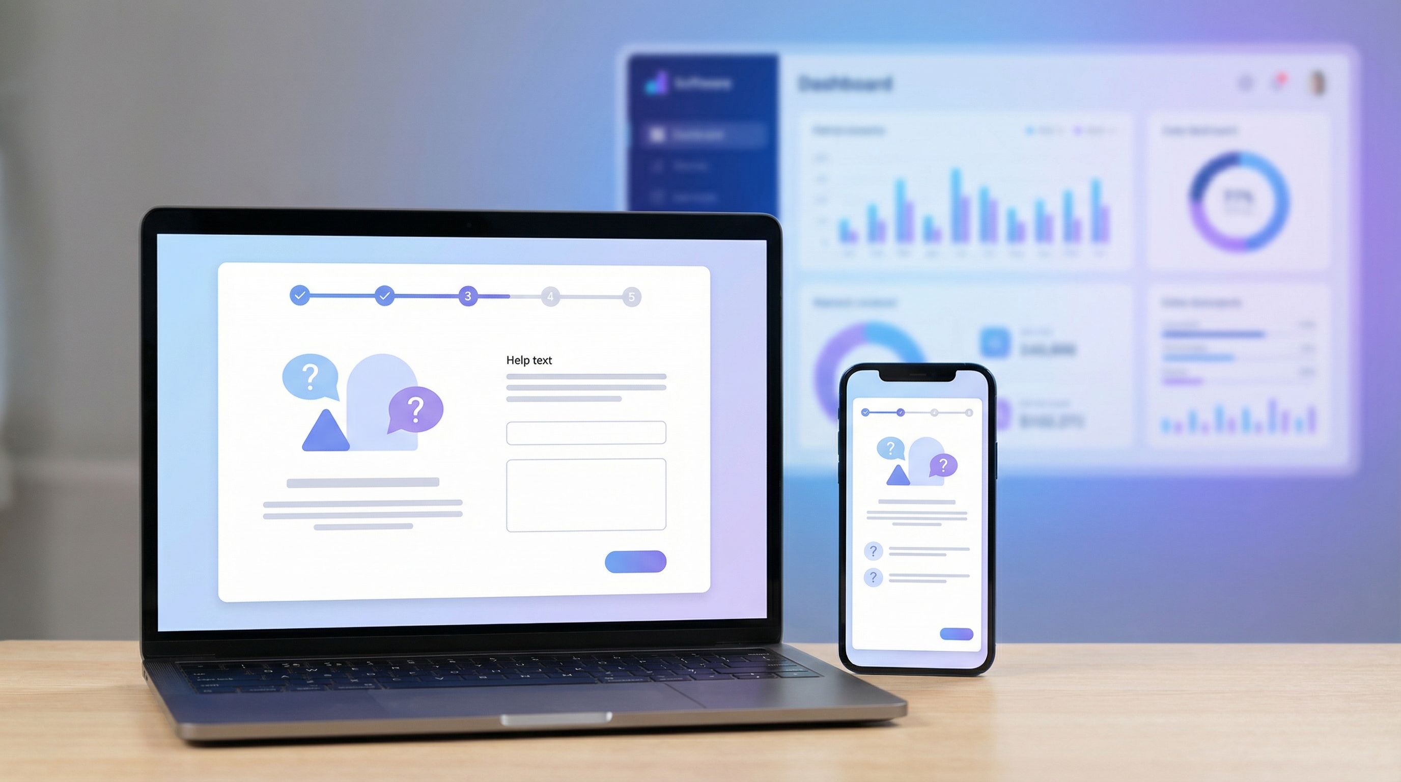 UI mockup of a multi-step onboarding form displayed on a laptop and a smartphone side-by-side, each