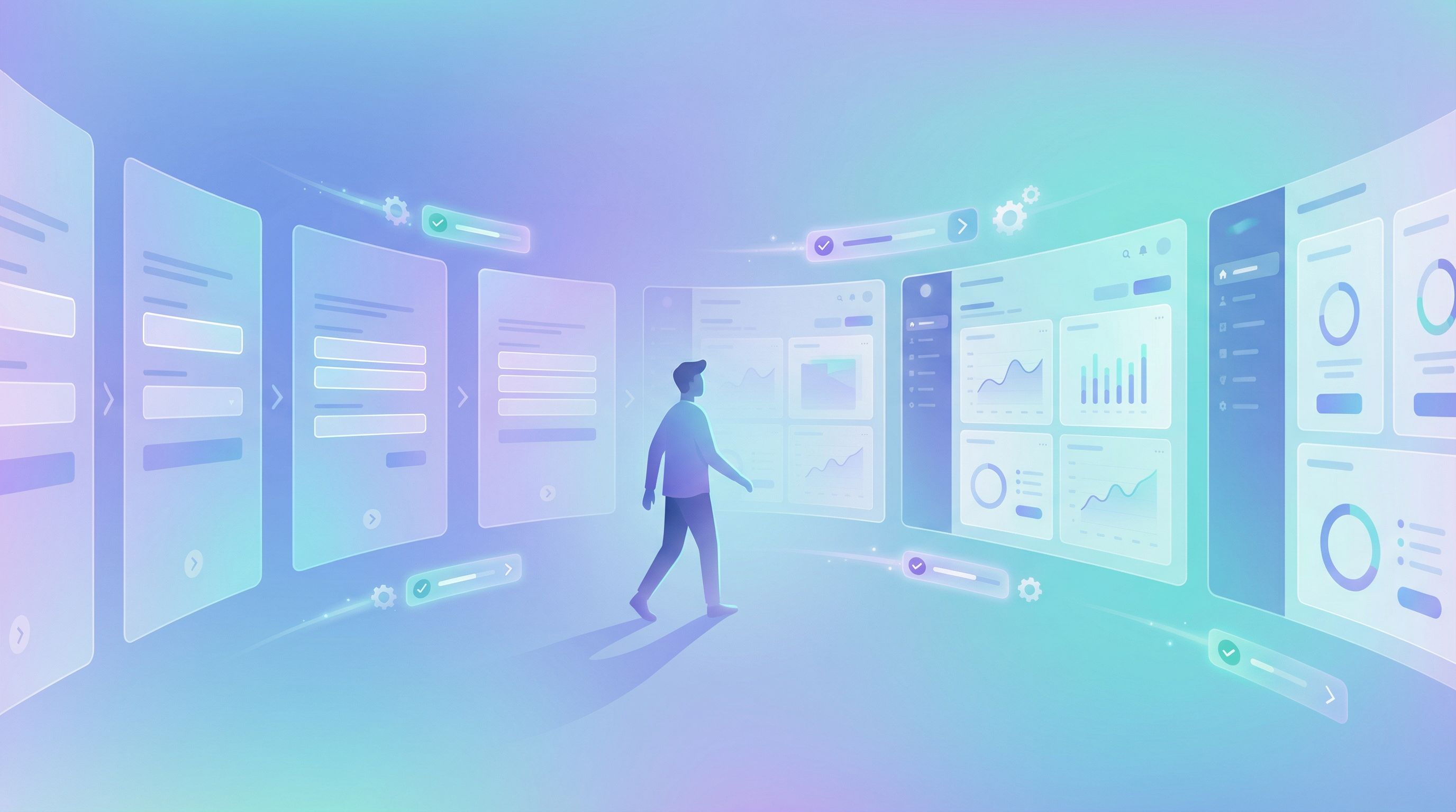 Wide header-style illustration of a user walking through floating multi-step form panels that gradua
