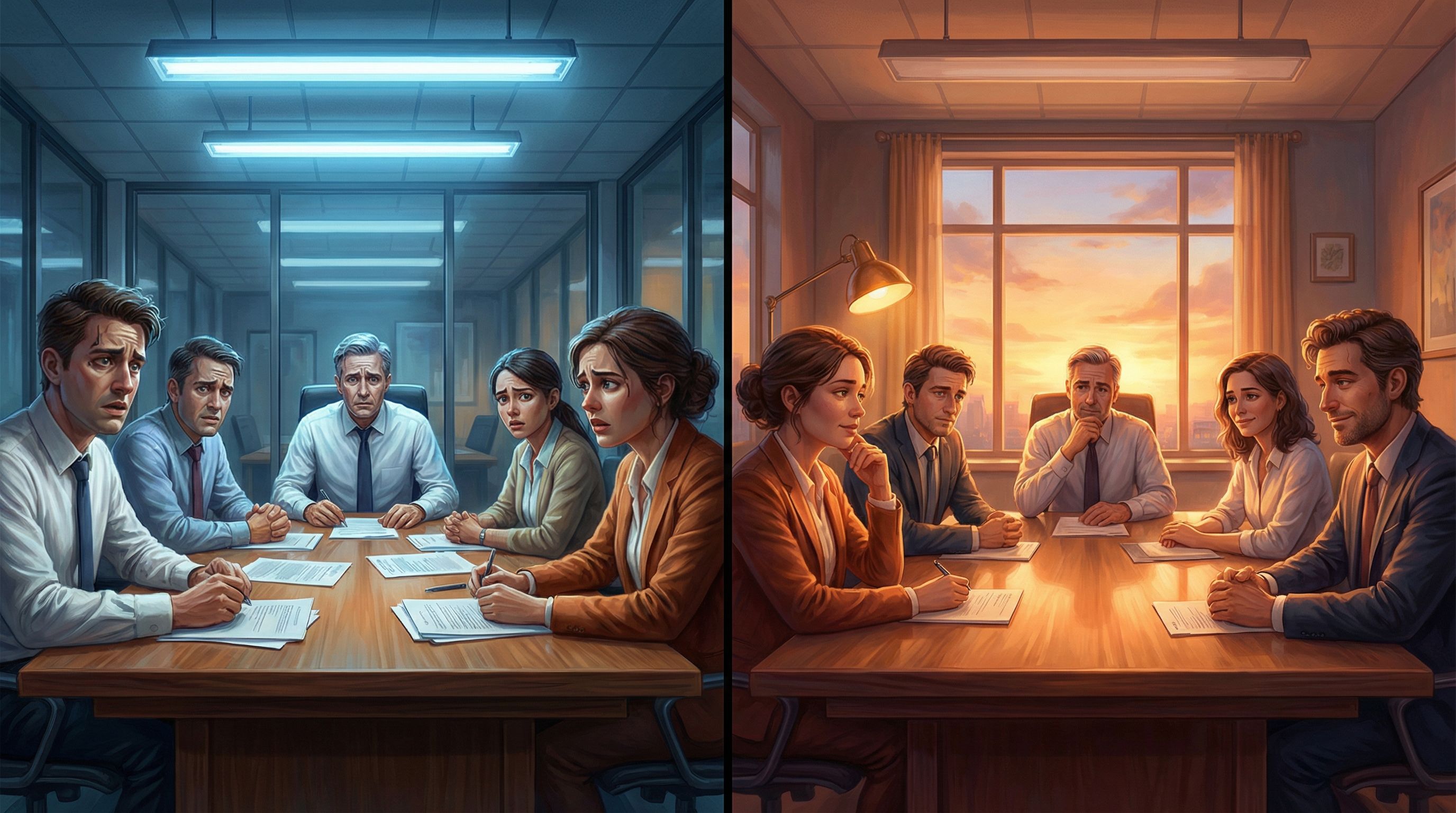 split-screen image showing two alternate outcomes of the same office scenario, left side a tense mee