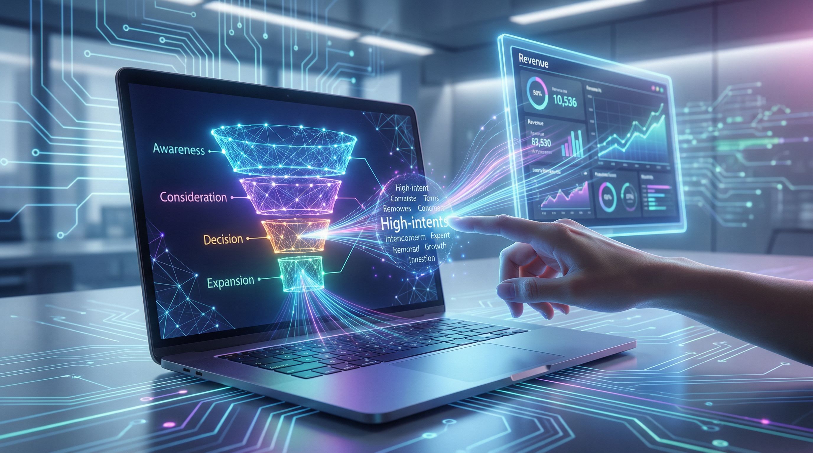 a wide, high-contrast dashboard view of a laptop screen showing a spreadsheet of keywords transforme