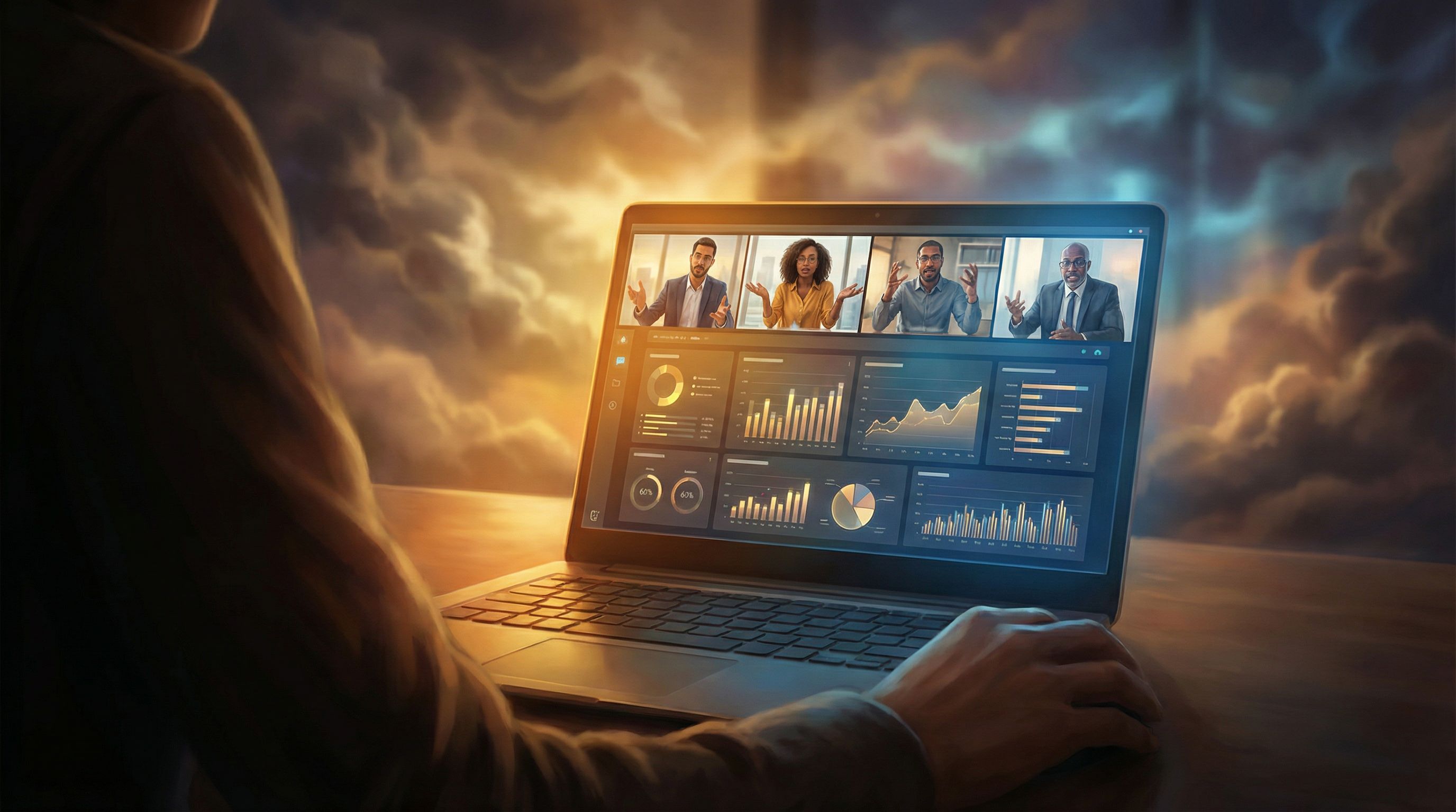 over-the-shoulder view of a laptop screen during a tense video conference, with four diverse profess