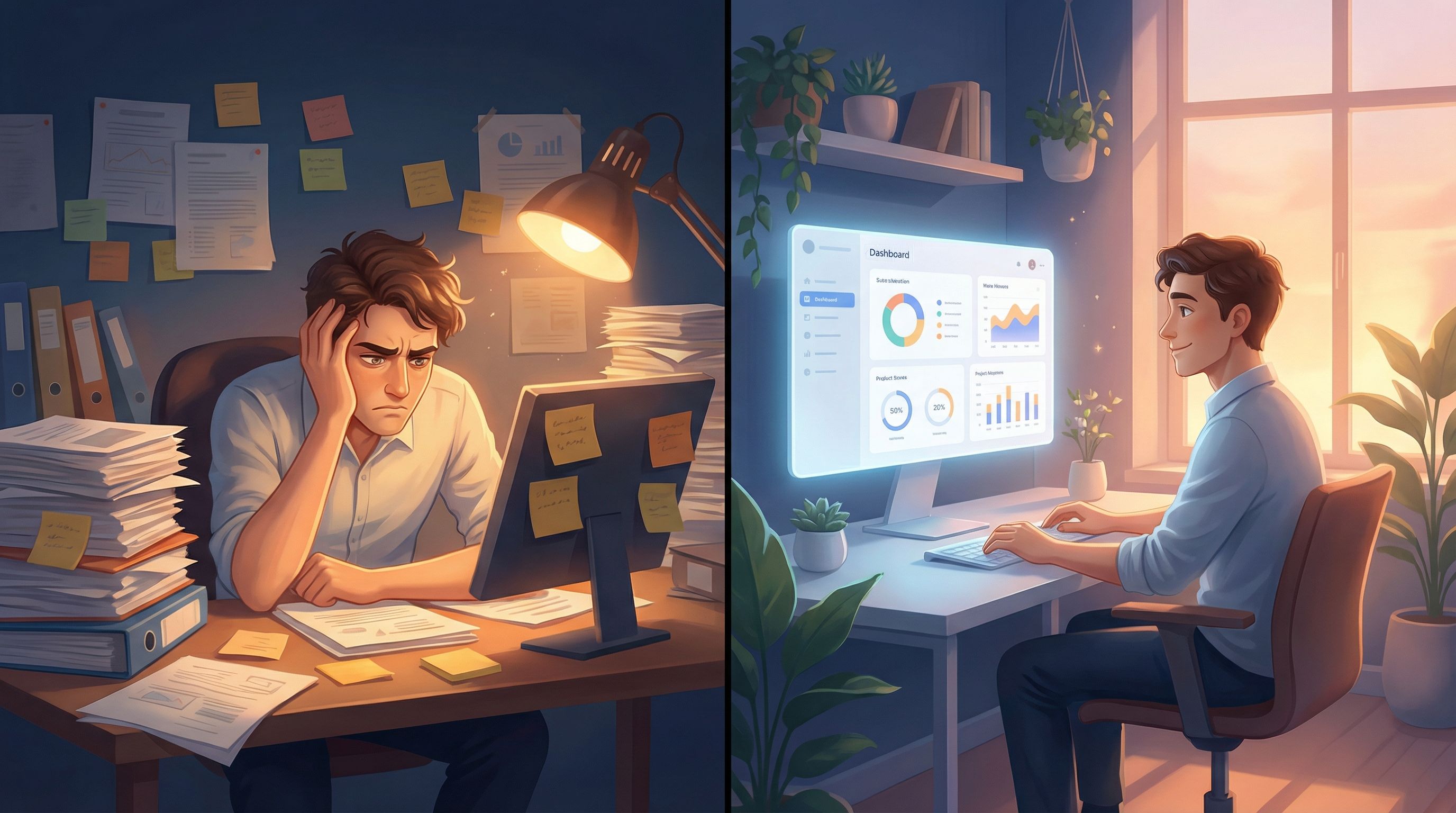 split-screen image showing on the left a stressed operations leader surrounded by cluttered reports