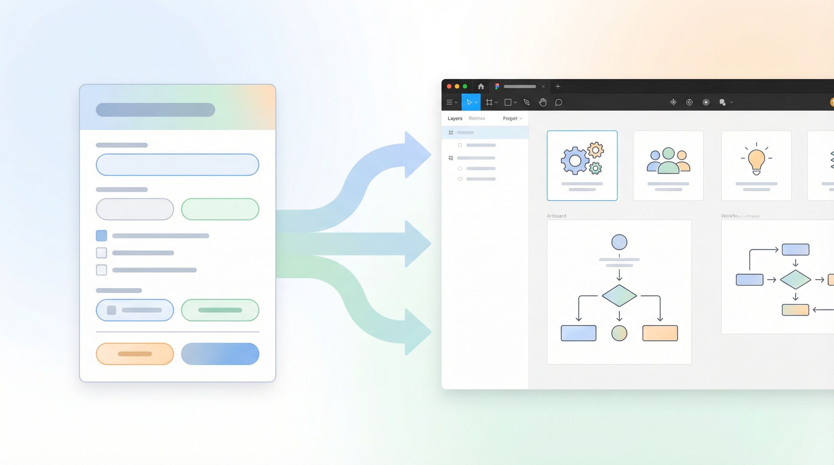 a clean, modern illustration of a request form transforming into an organized Figma workspace, with