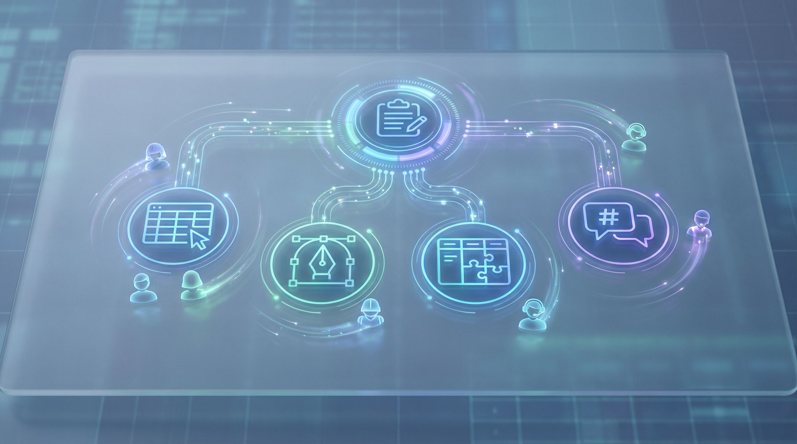 a birds-eye view of an operations dashboard showing a central intake form feeding into multiple tool