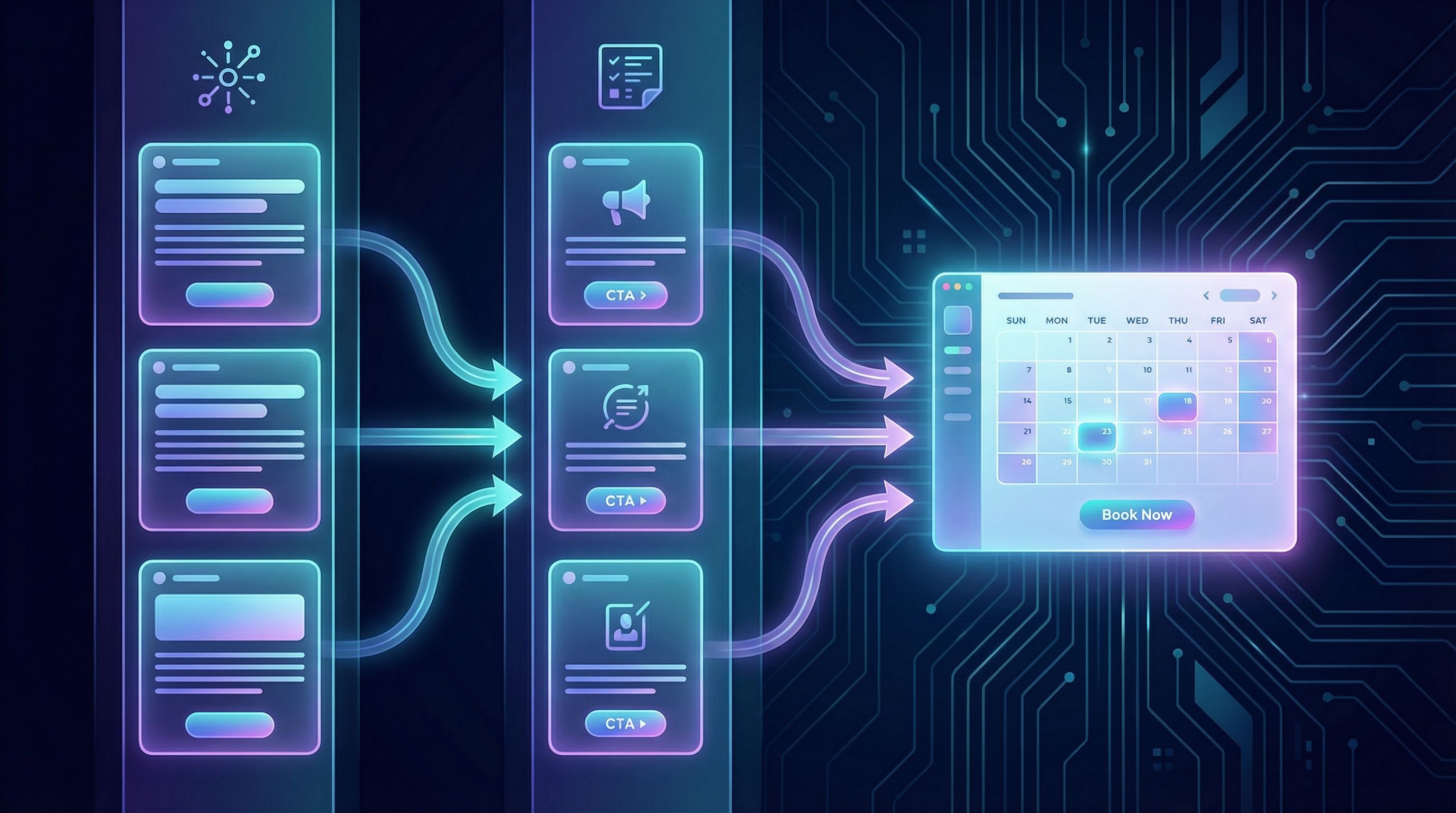 Split-screen illustration showing three columns labeled Explore, Evaluate, Decide; each column conta