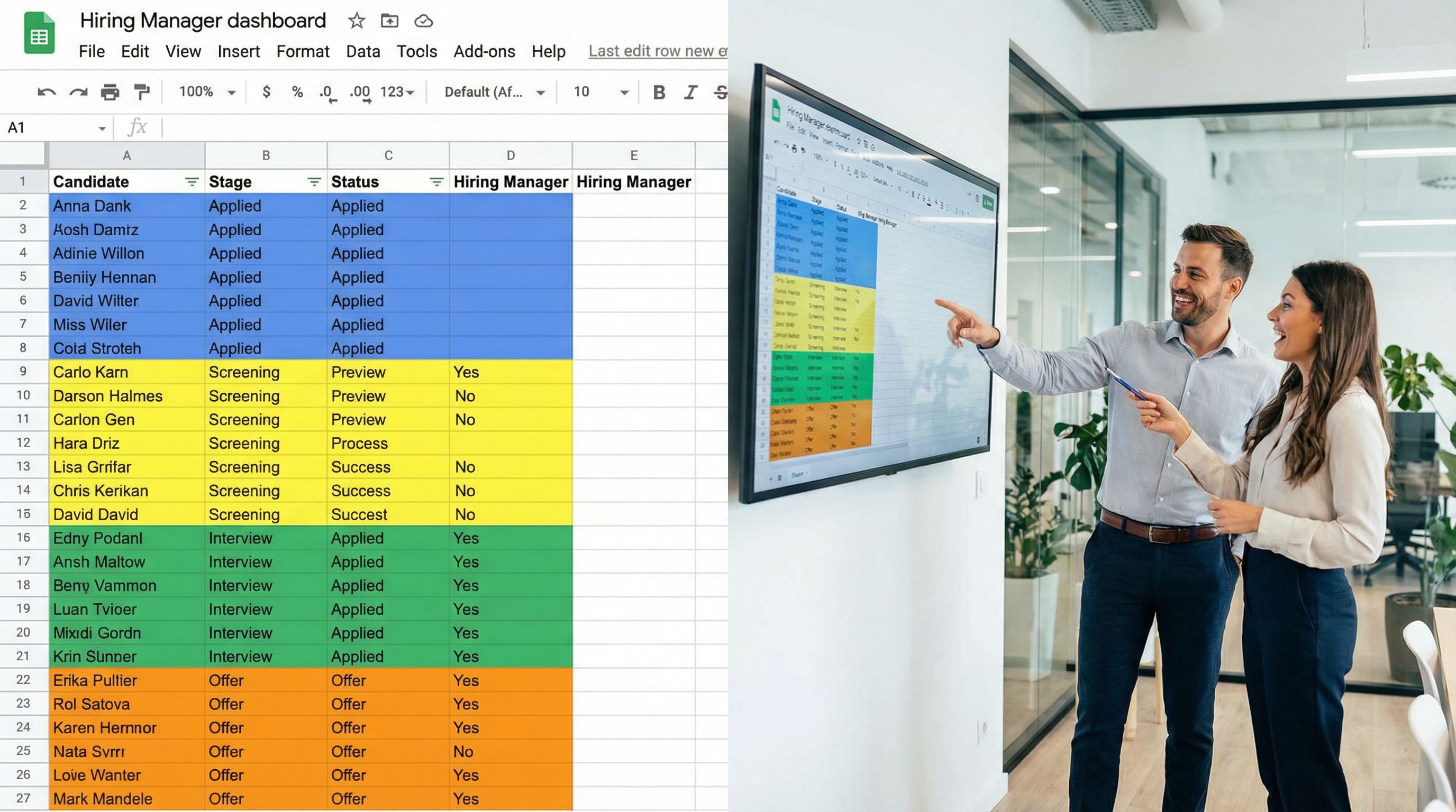 a split-screen dashboard showing a structured Google Sheet with color-coded candidate stages on one