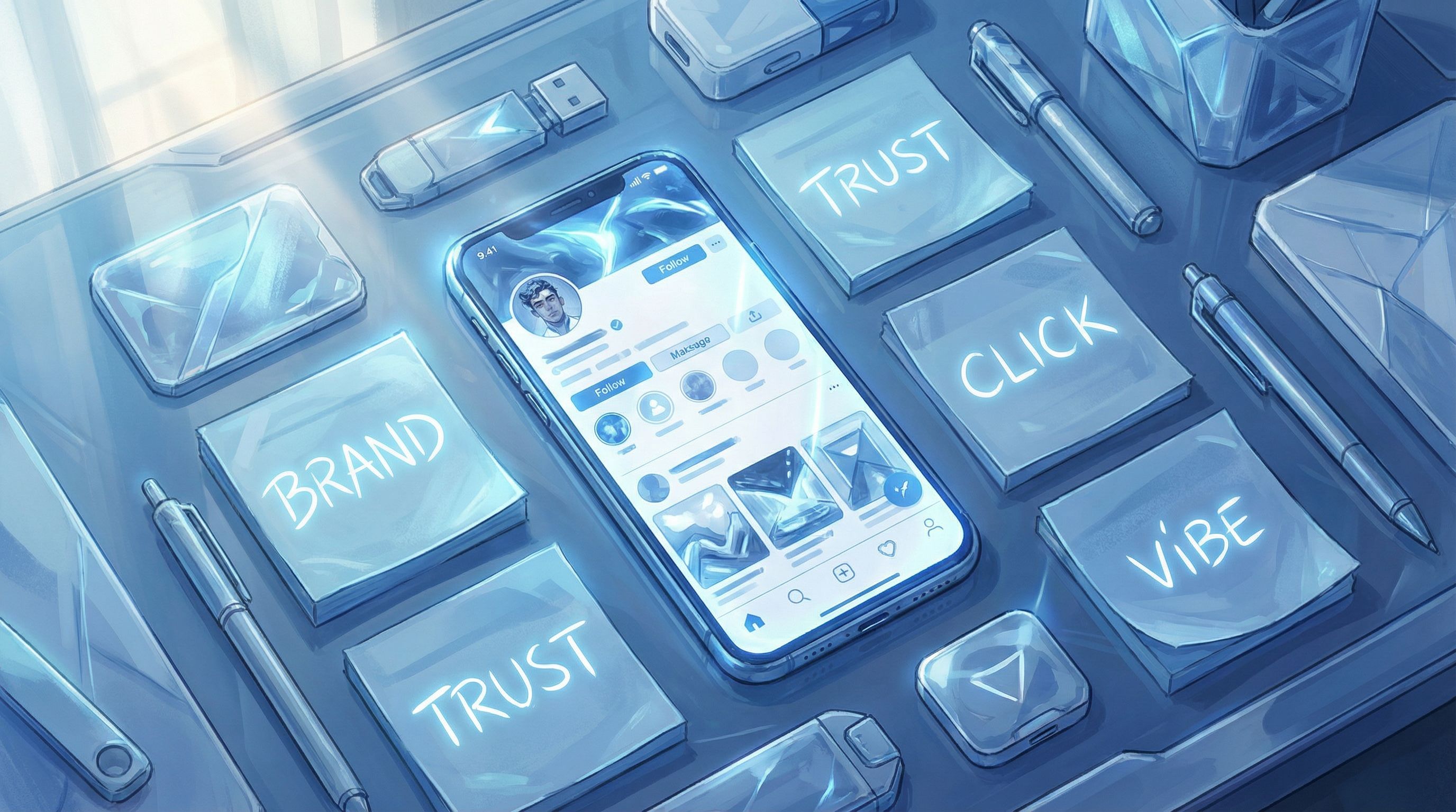 Flat lay of a smartphone open to a social media profile, surrounded by sticky notes with words like