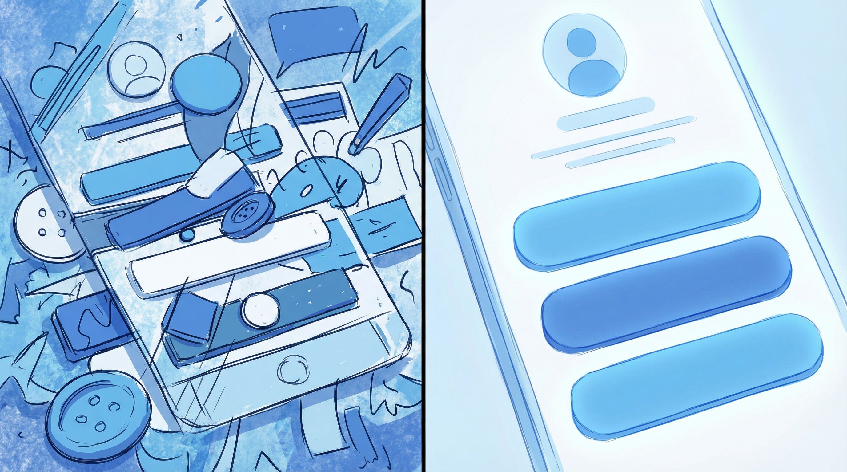 Split-screen image showing on the left a cluttered, messy link-in-bio page with mismatched colors an