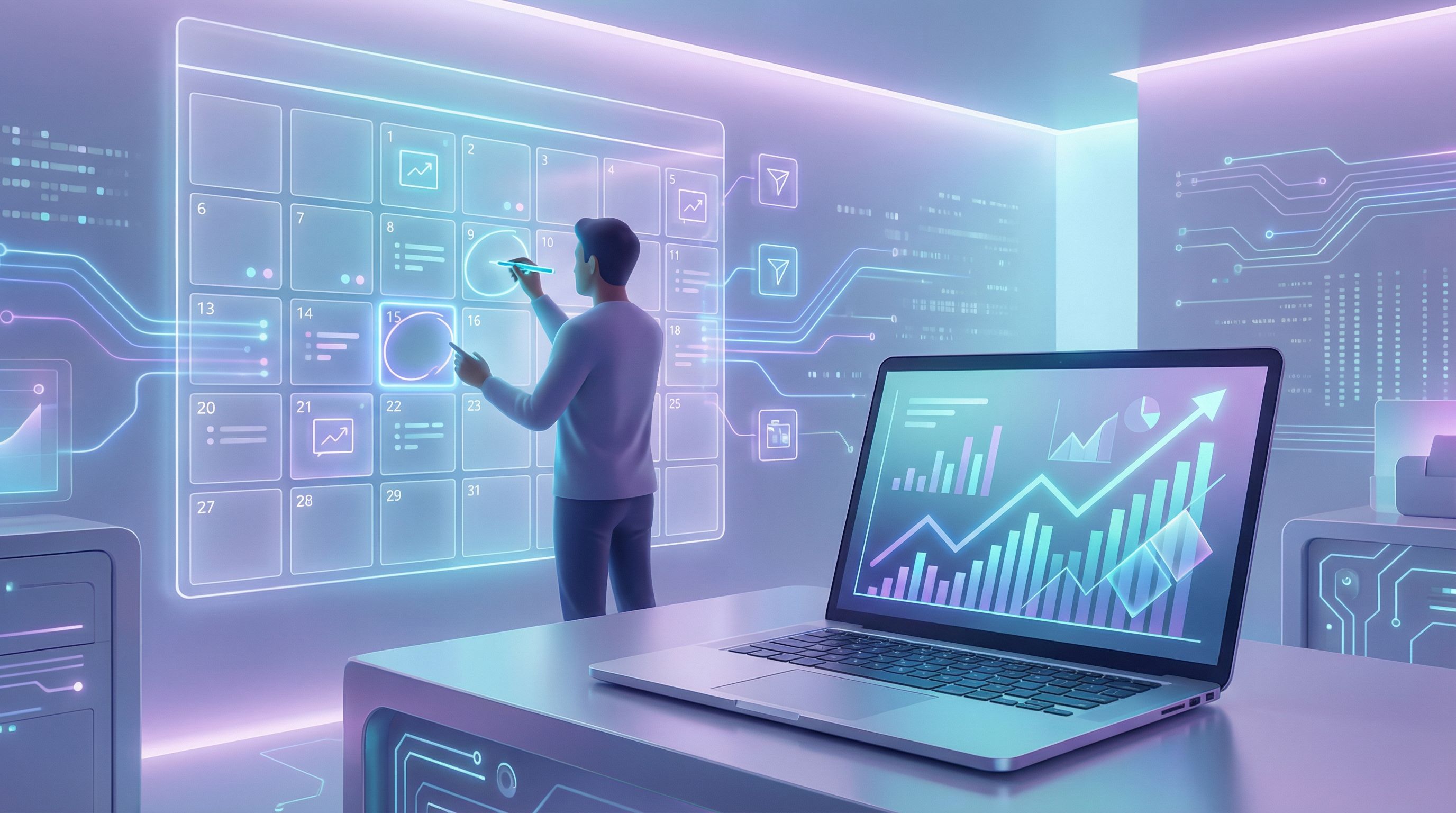 an analytics dashboard on a laptop showing blog traffic trends over time, with a marketer highlighti