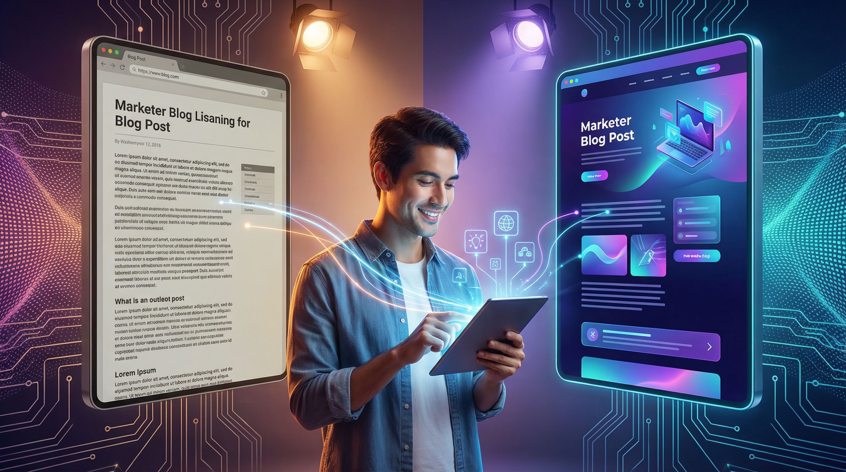 side-by-side comparison of an outdated blog post on one screen and a refreshed, visually rich blog p