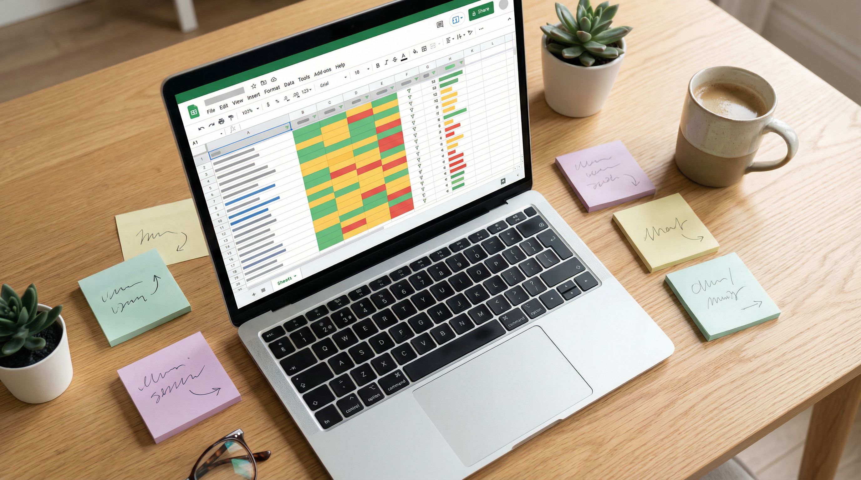 overhead view of a laptop screen showing a Google Sheet filling in live with form responses, conditi