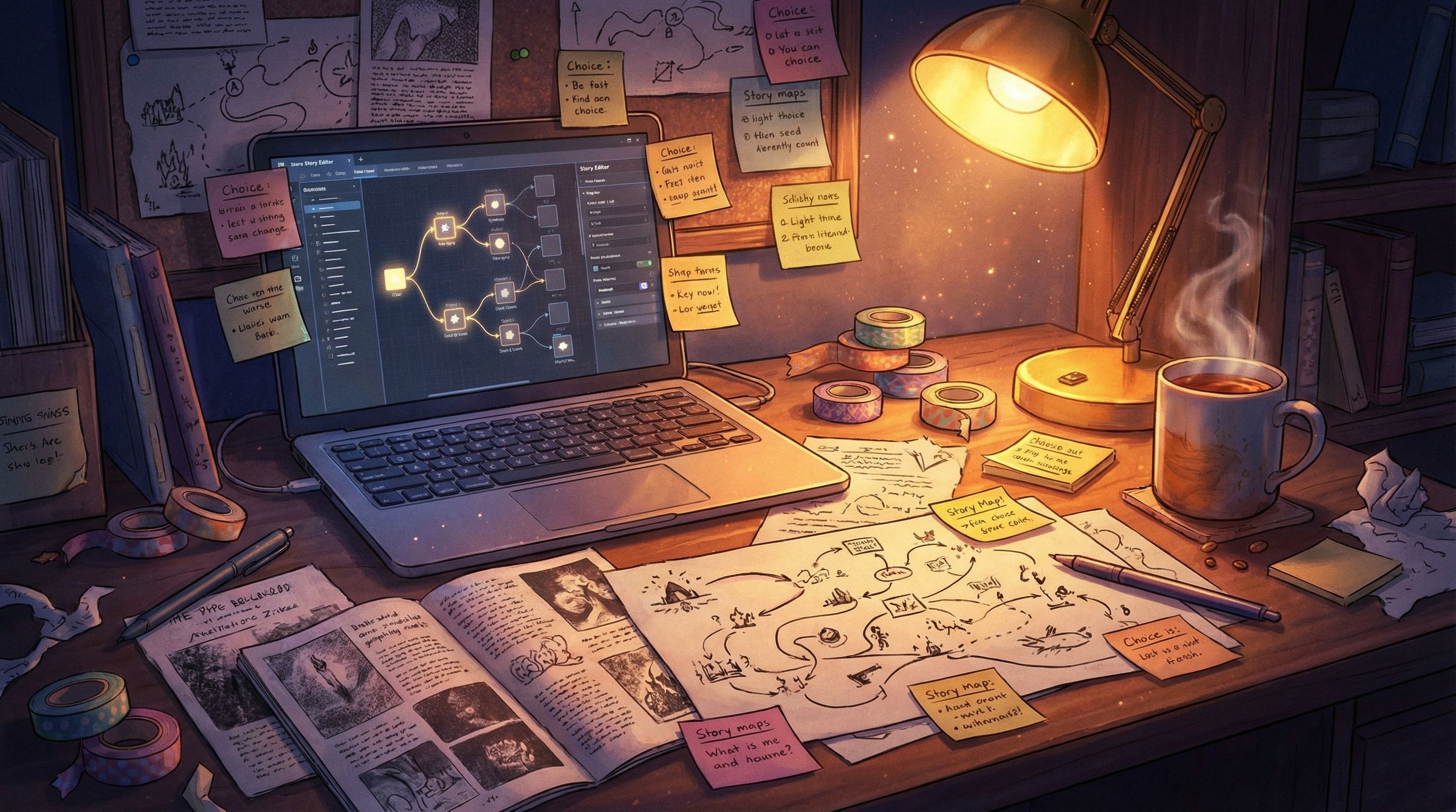 a cluttered creative desk at night with a laptop open to a branching story editor, scattered photoco