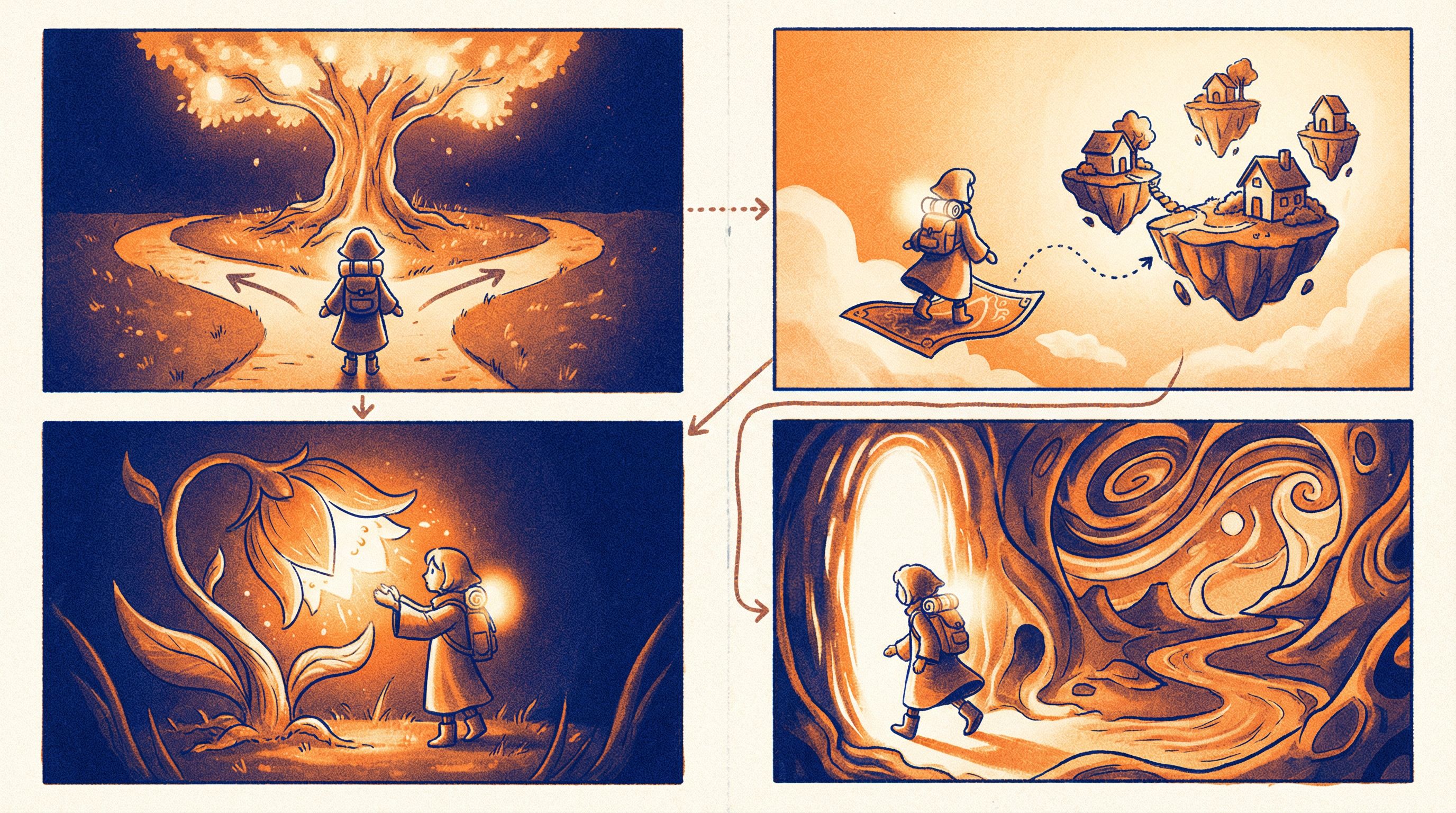 a series of four stylized panels arranged like a zine spread, each showing a different moment from a