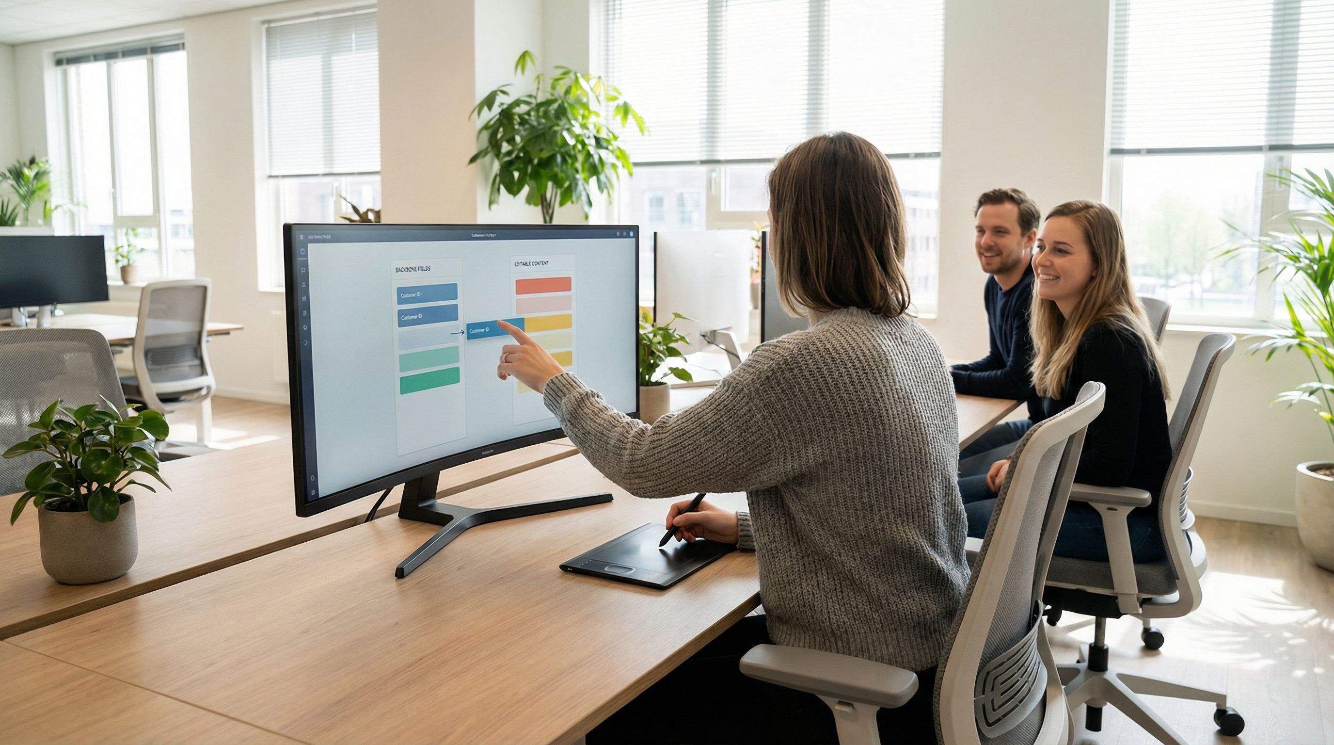 a clean, modern operations team workspace with a large monitor showing a structured form builder UI,