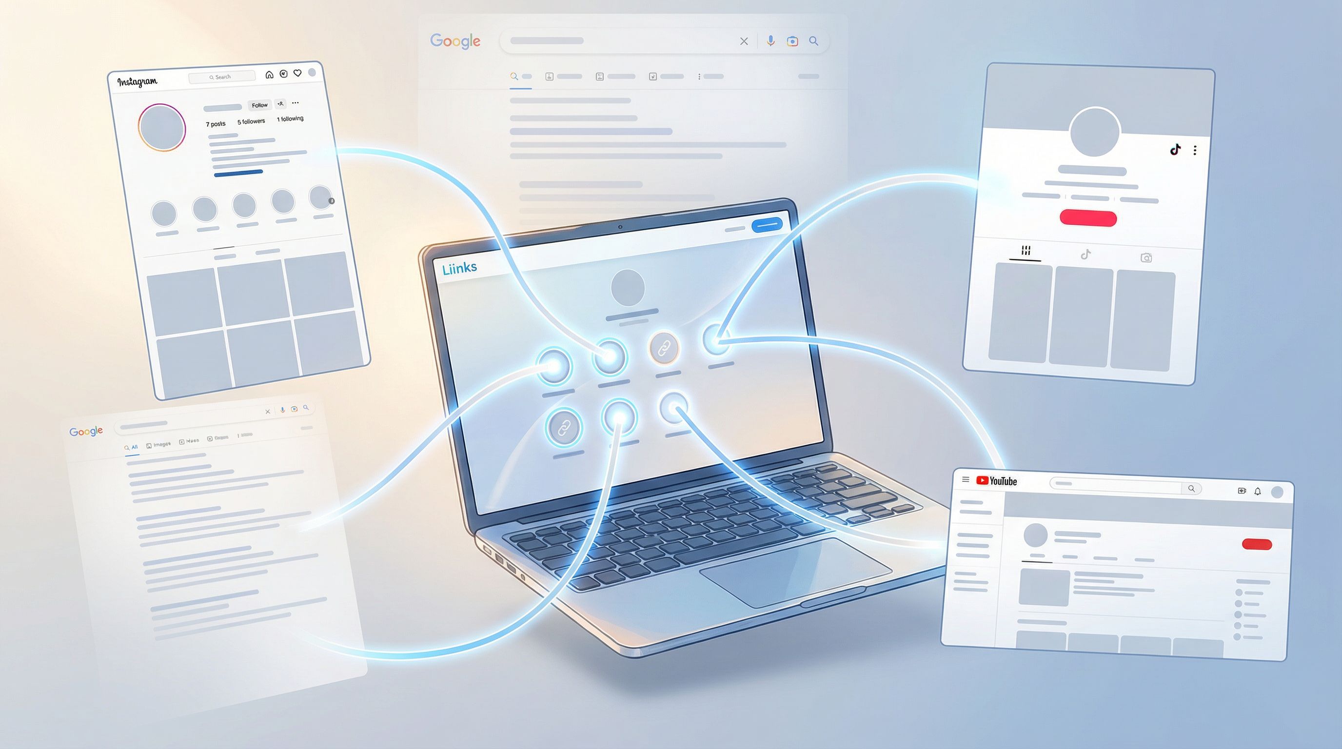 a collage-style image showing multiple social media profile mockups (Instagram, TikTok, YouTube) all