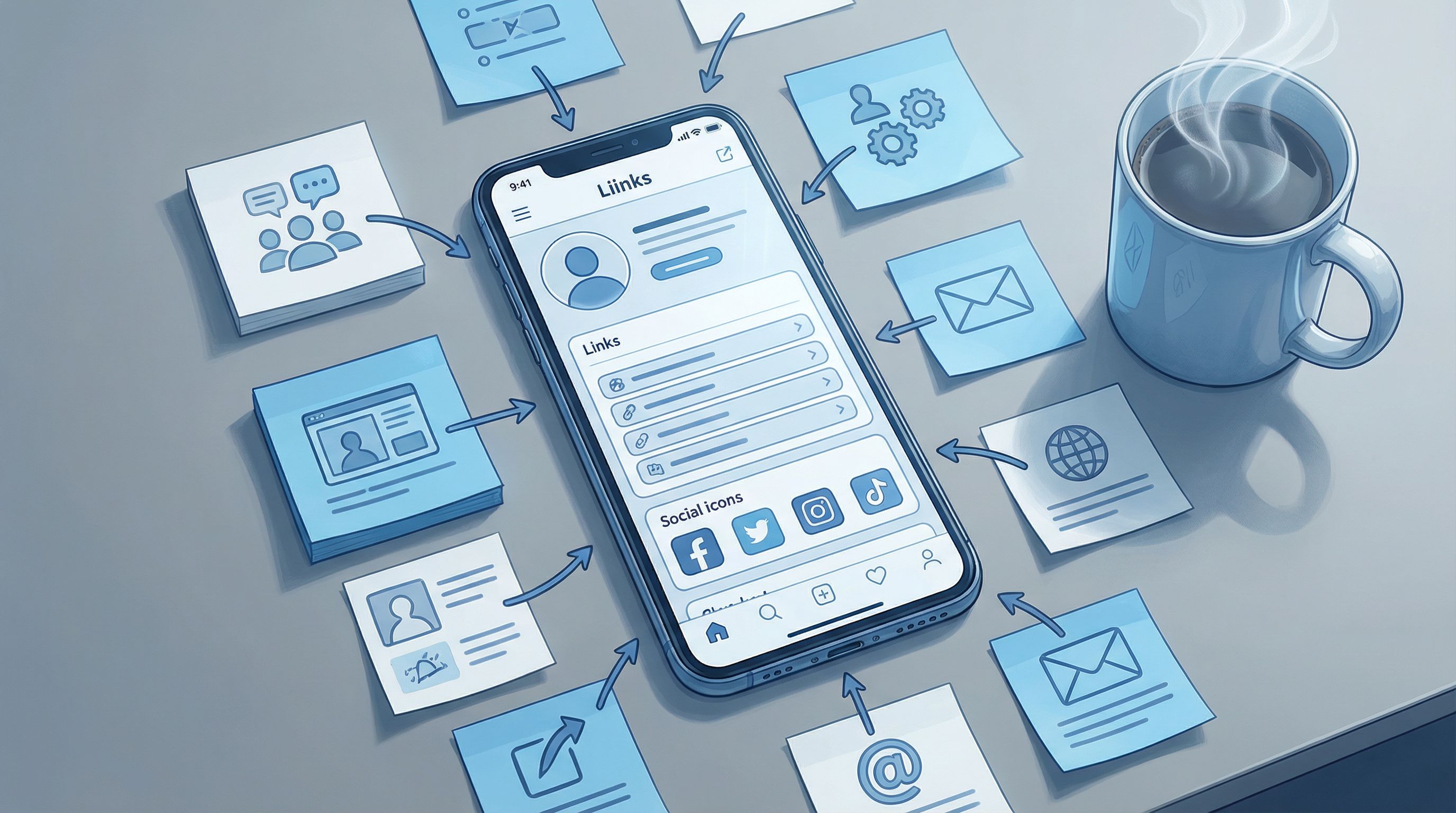 a clean smartphone screen showing a beautifully designed Liinks page, surrounded by sticky notes wit