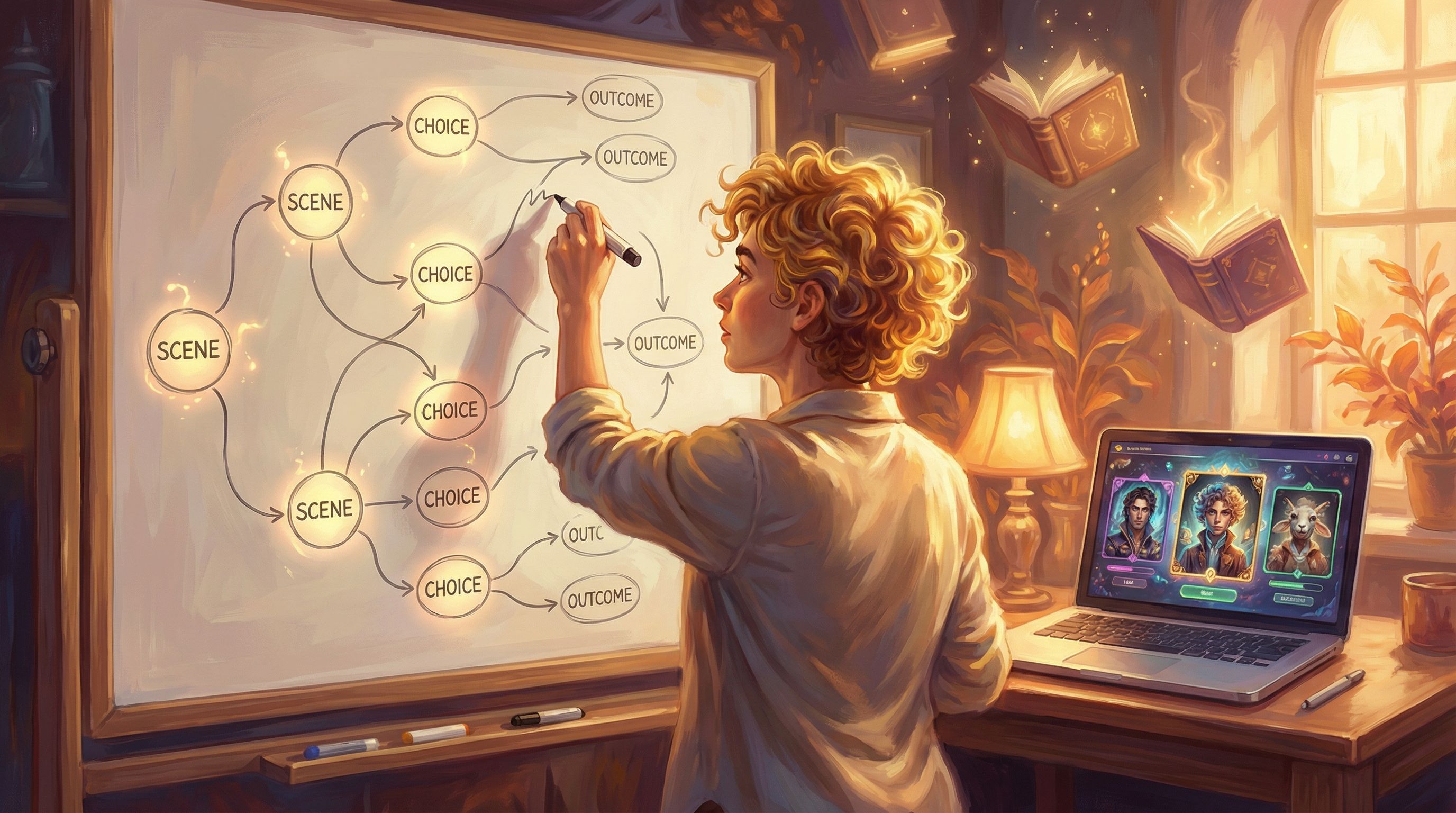 an instructional designer sketching a branching story map on a whiteboard, with nodes labeled “scene