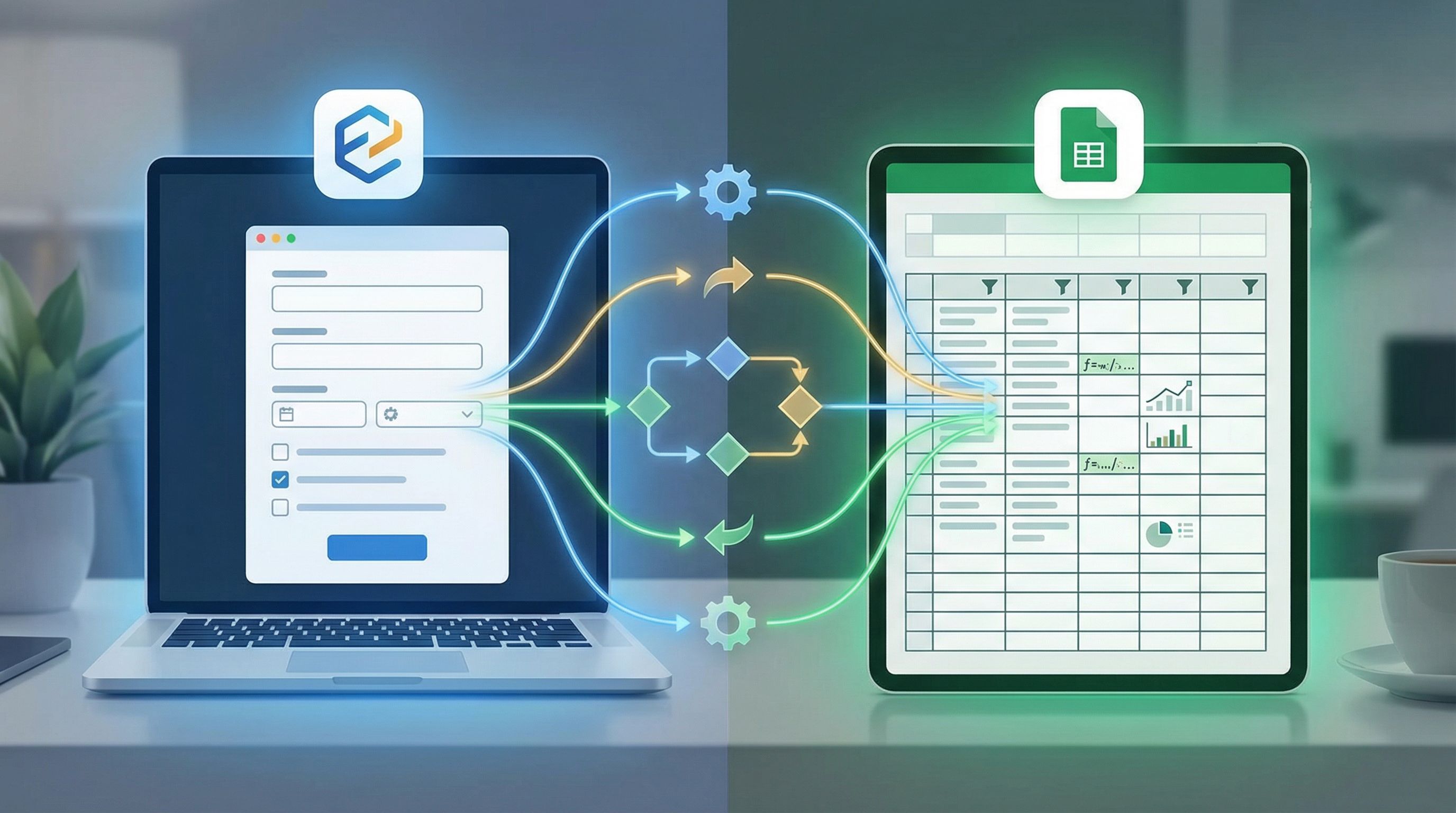 Split-screen illustration showing on the left a clean Ezpa.ge form on a laptop, and on the right a G