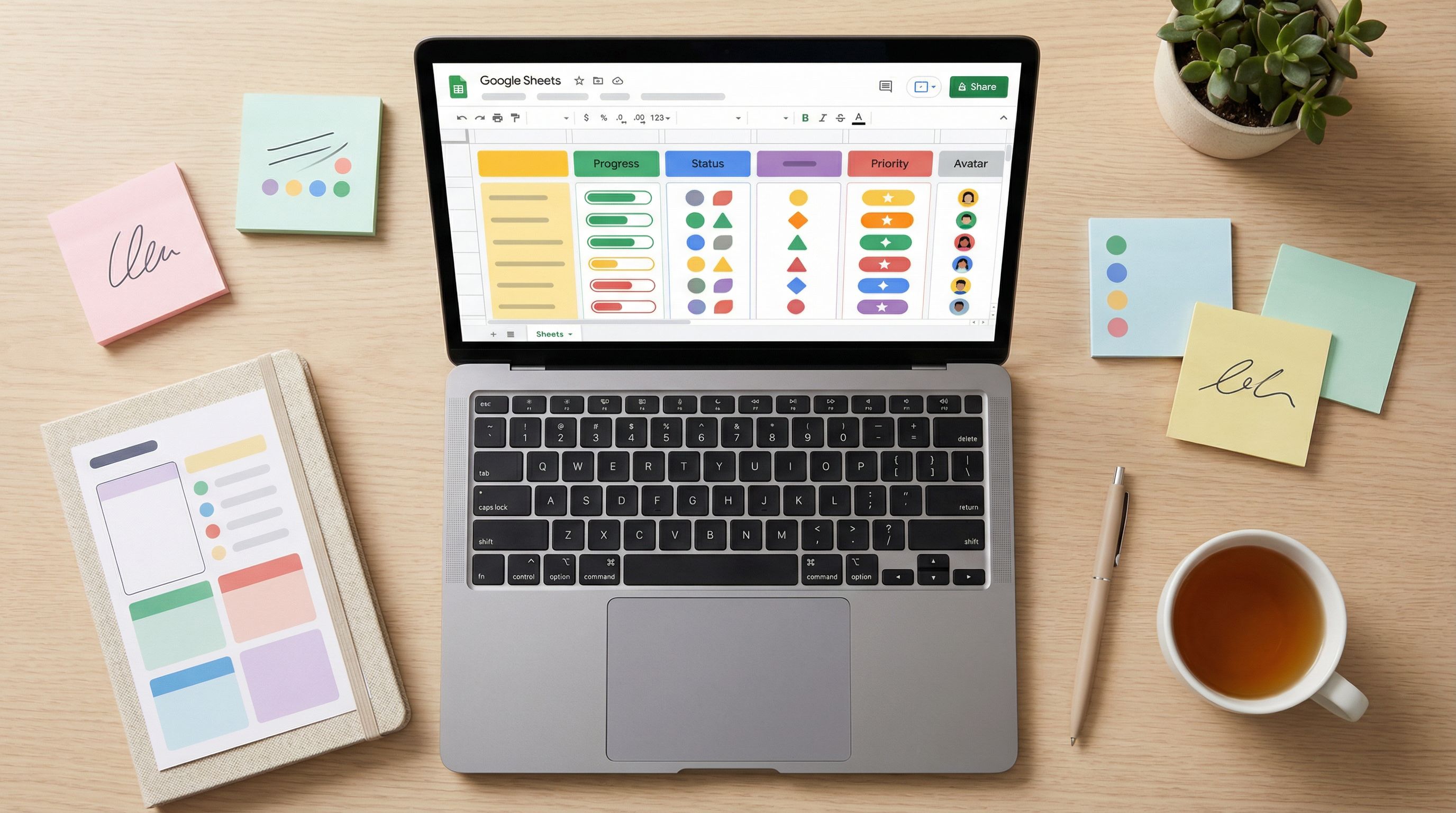 Overhead view of a laptop screen showing a colorful Google Sheets dashboard with status columns, pri