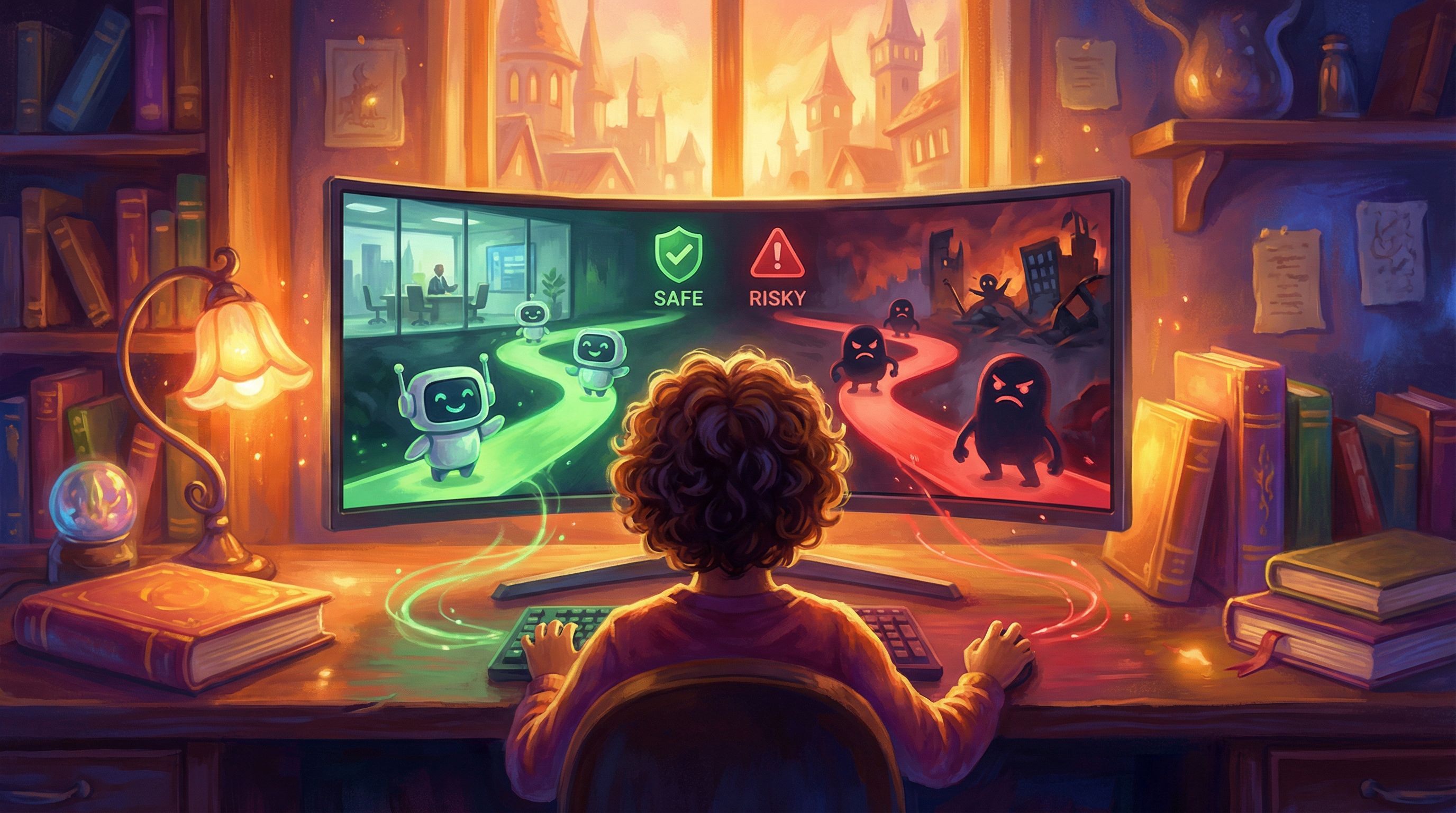 a learner viewed from behind at a computer screen, playing through a branching compliance scenario i