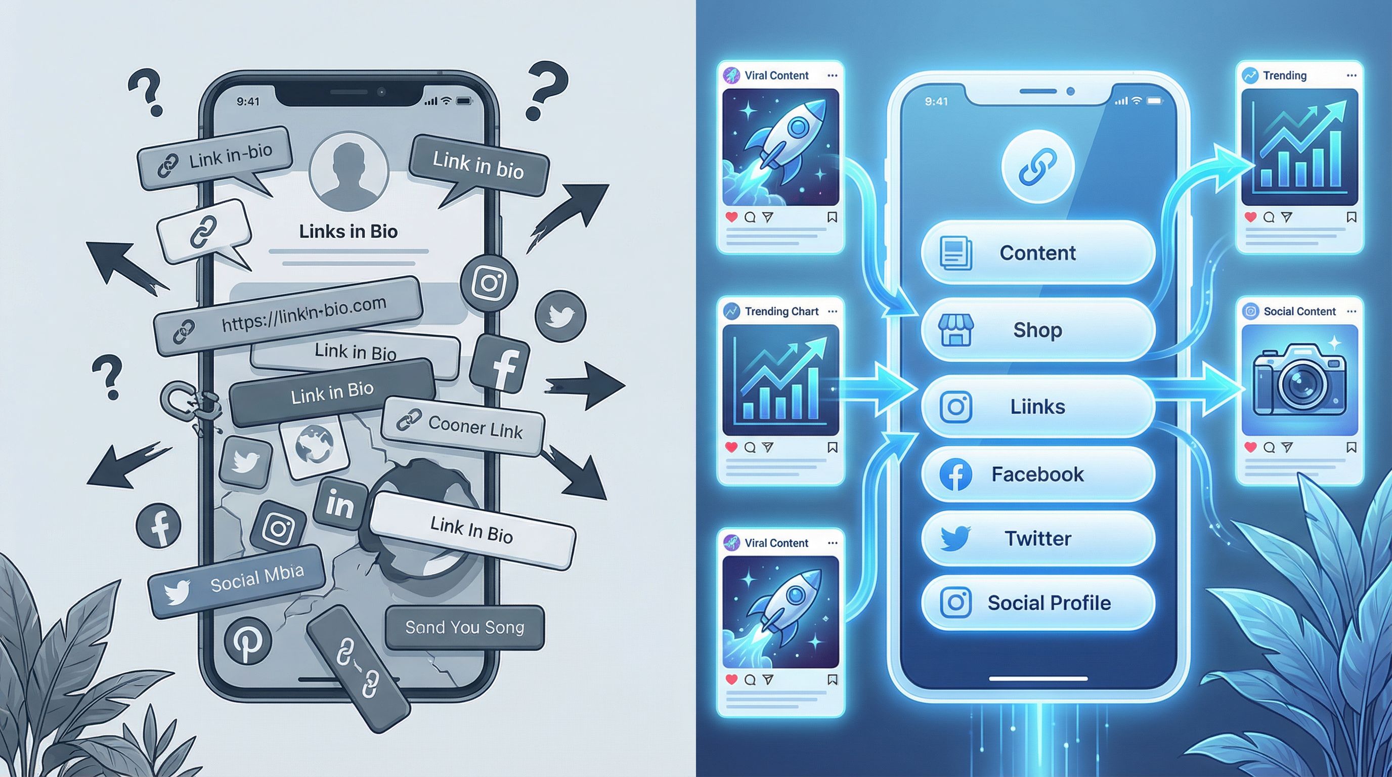 a split-screen scene showing a chaotic, cluttered link-in-bio page on one side and a clean, visually