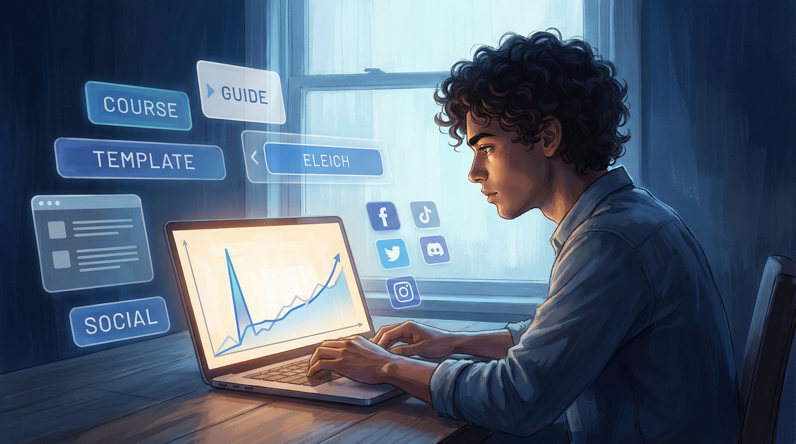 a creator at a desk looking at analytics on a laptop, with graphs showing a spike from viral content