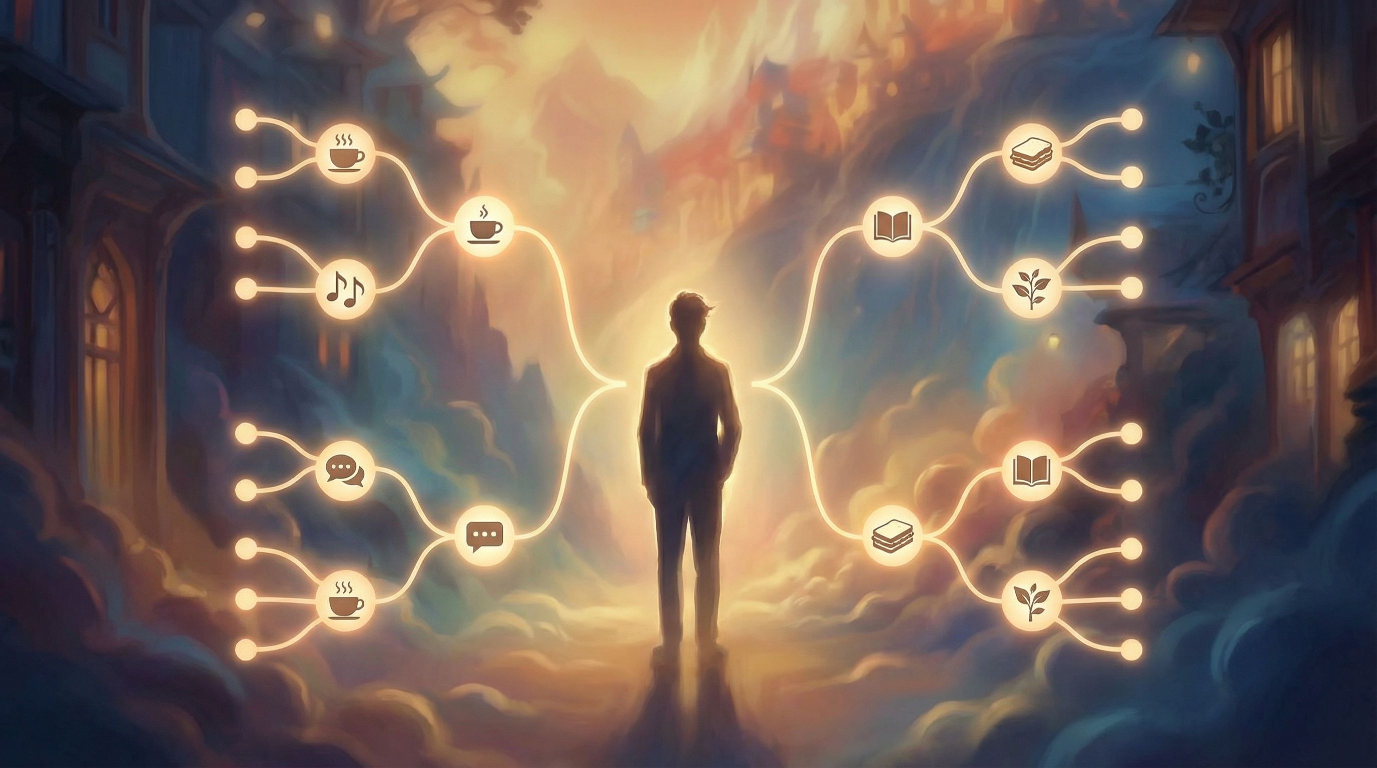 A branching flowchart made of softly glowing nodes, with small side branches labeled with everyday c