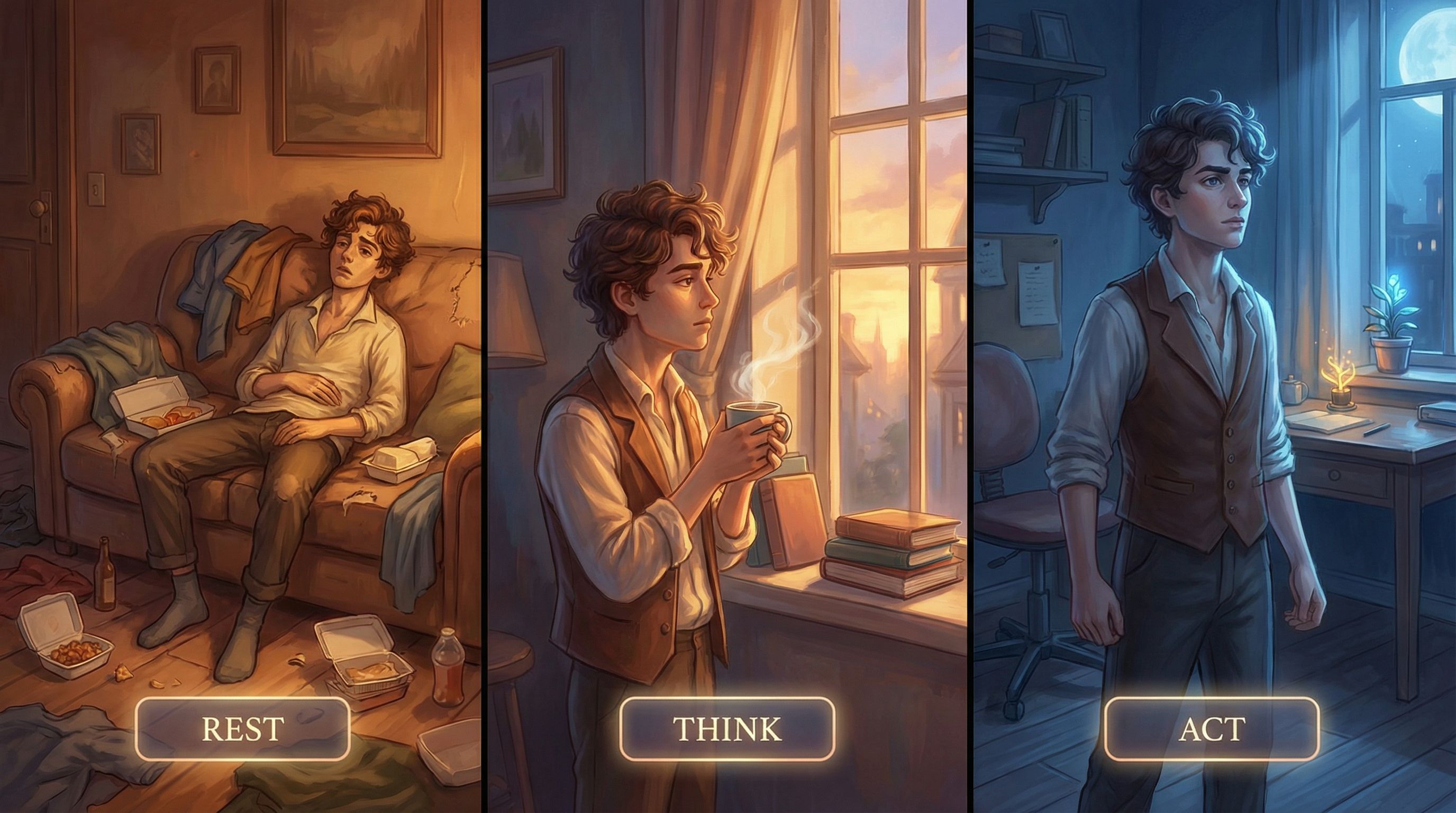 A split-screen scene showing three versions of the same character in a small apartment after a long