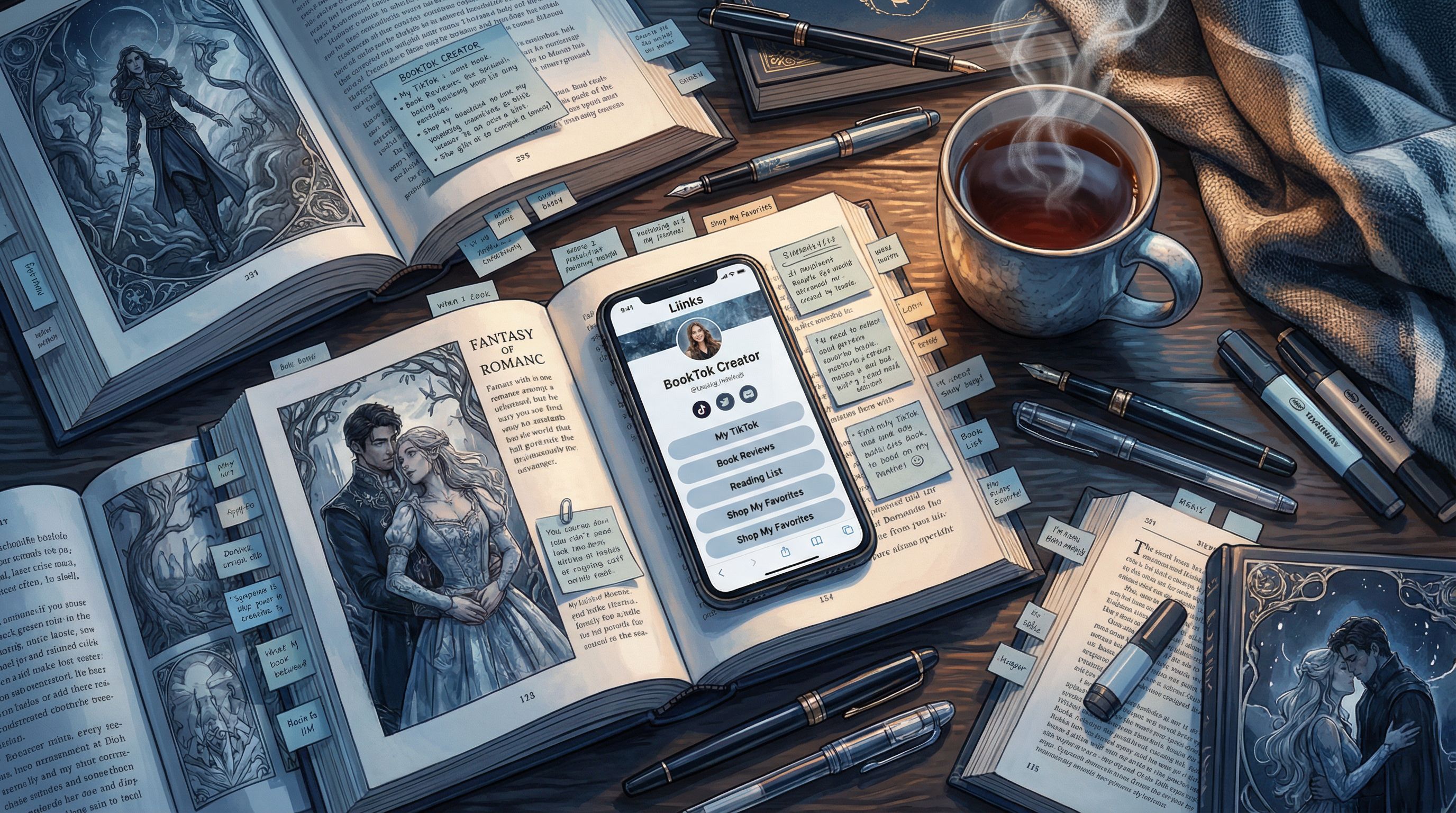 Overhead shot of a cozy creator workspace featuring open fantasy and romance books with annotated st