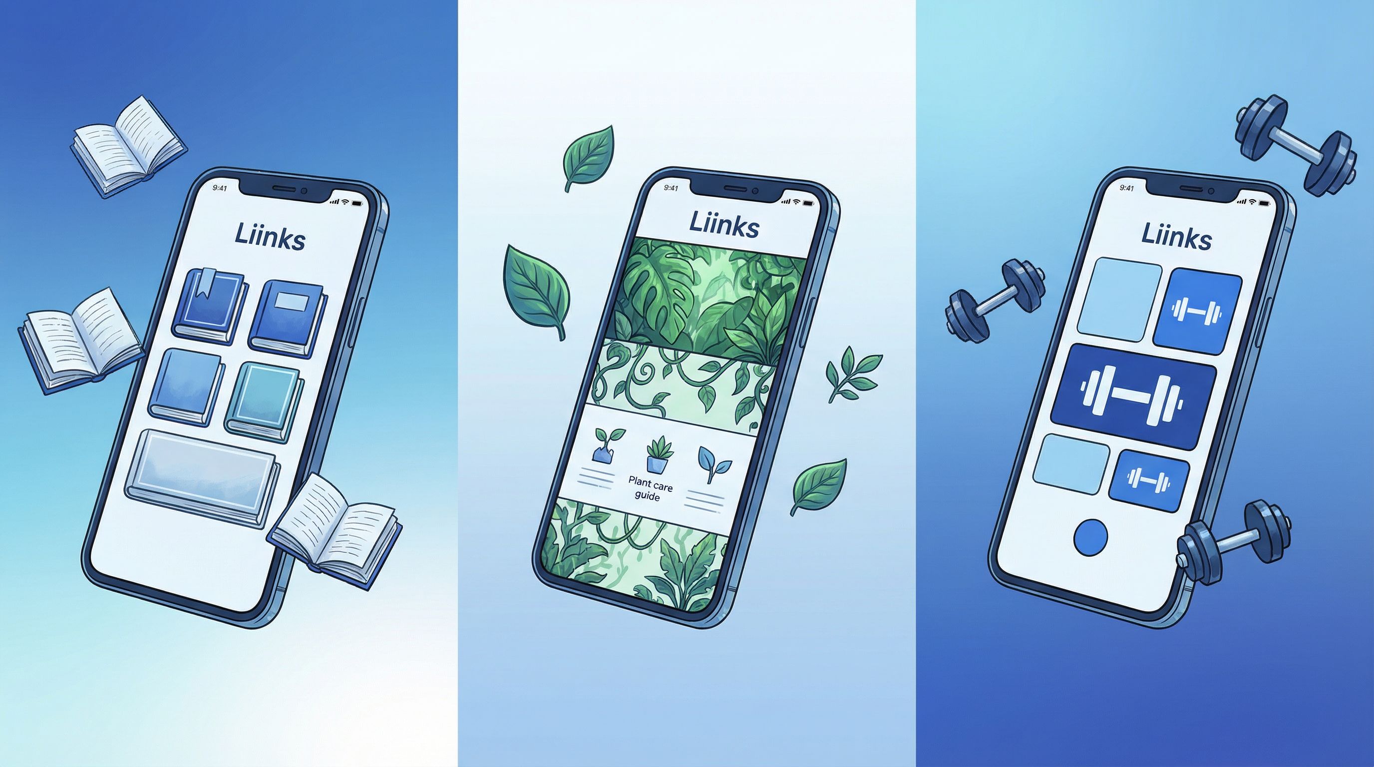Split-screen style composition with three smartphones floating against a colorful gradient backgroun