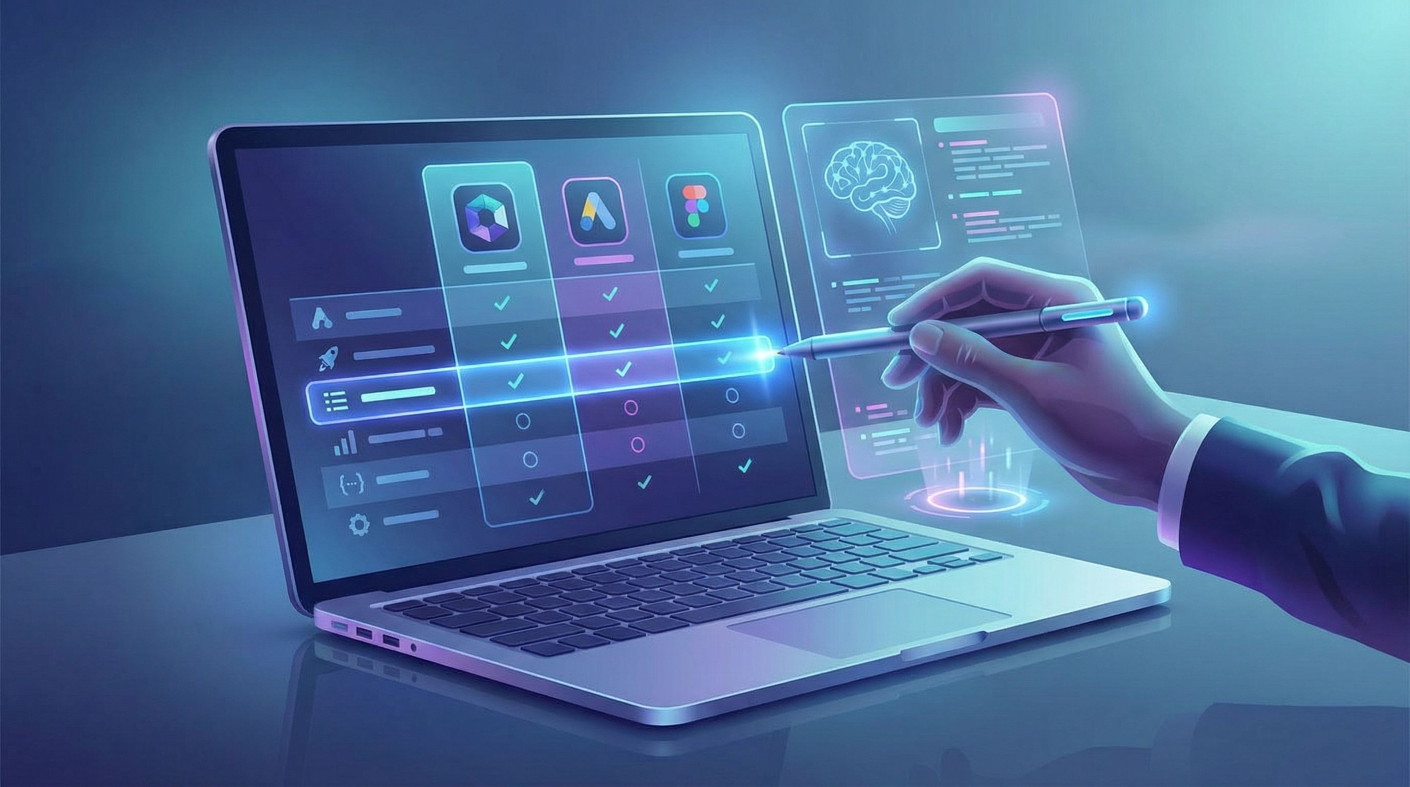 detailed scene of a laptop screen showing a side-by-side comparison table of software tools, with a