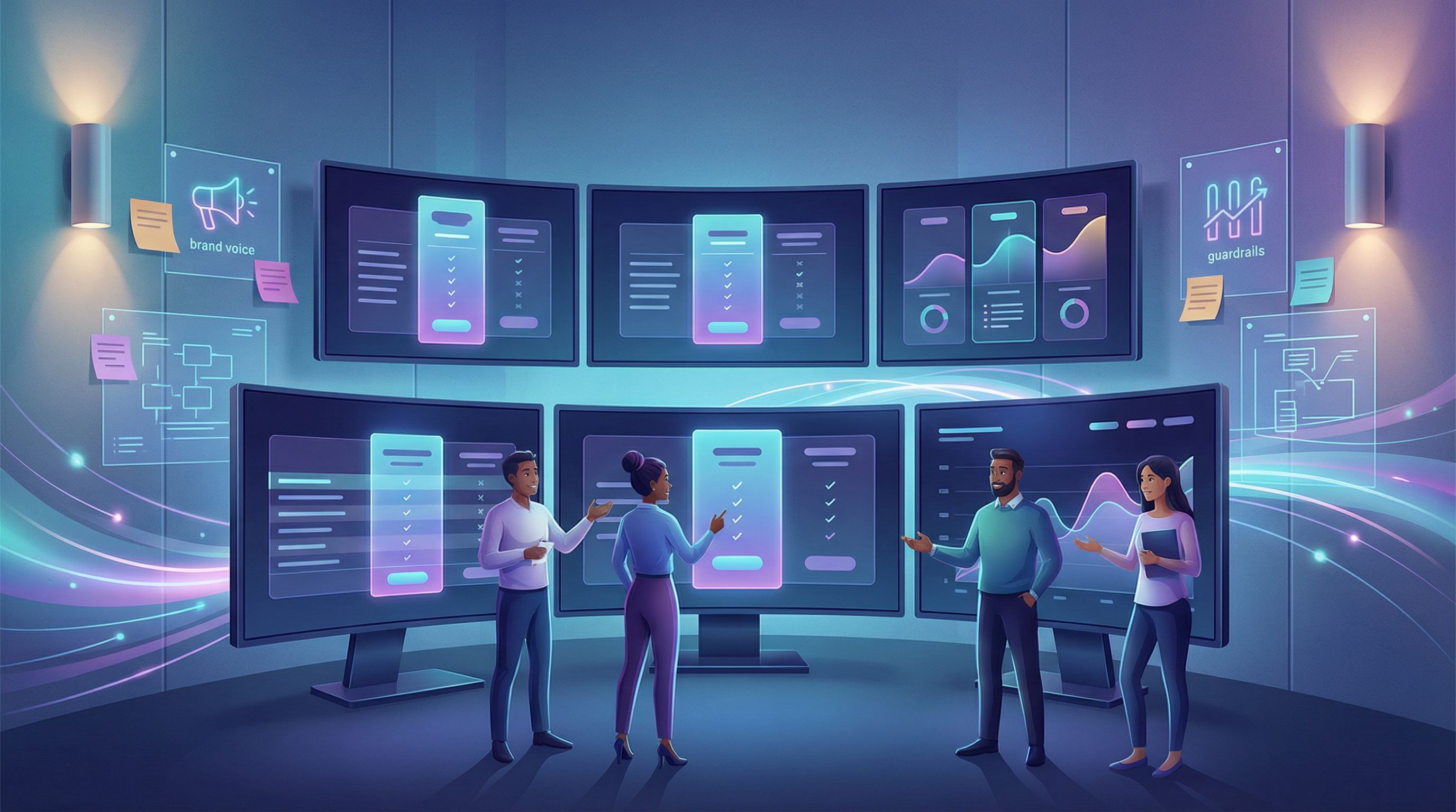 wide header-style illustration of a marketing team reviewing AI-generated comparison tables and pric