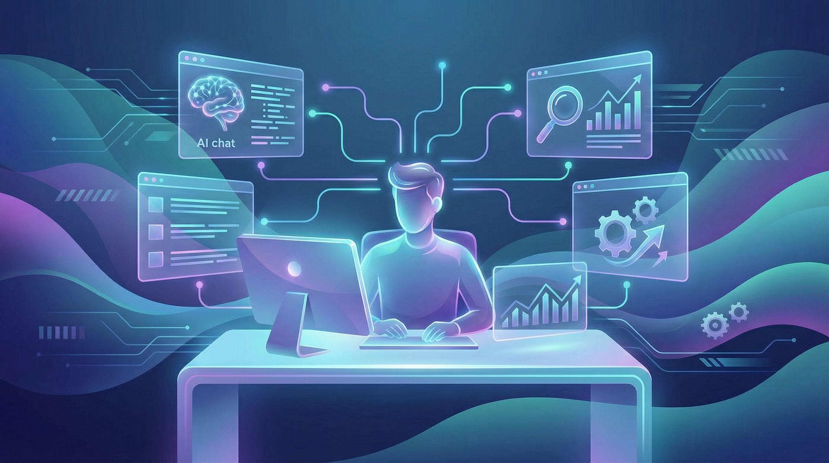 a content strategist at a desk with multiple browser windows showing search results, AI chat, and ke