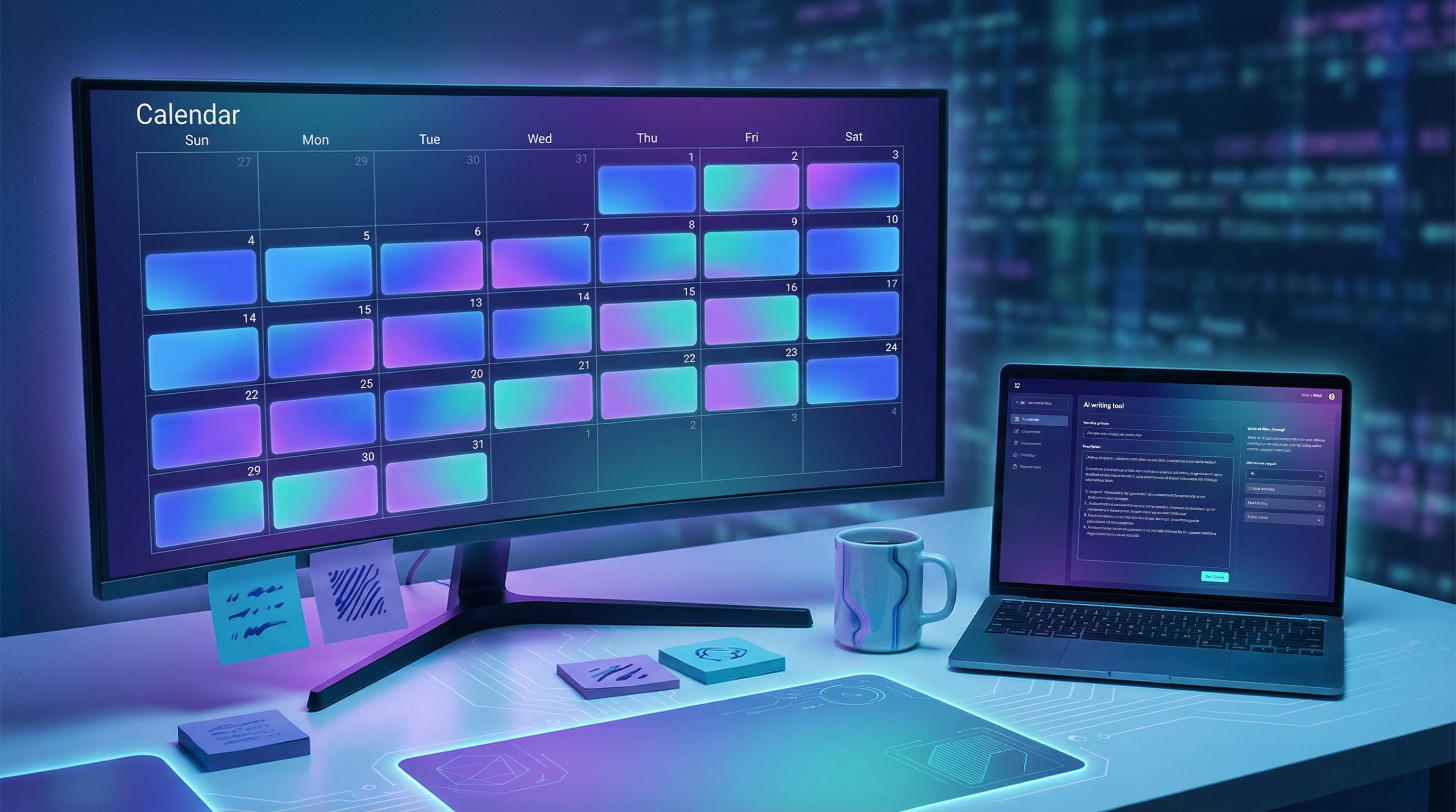 Calendar view on a large monitor showing a staggered content schedule with color-coded blog posts ti