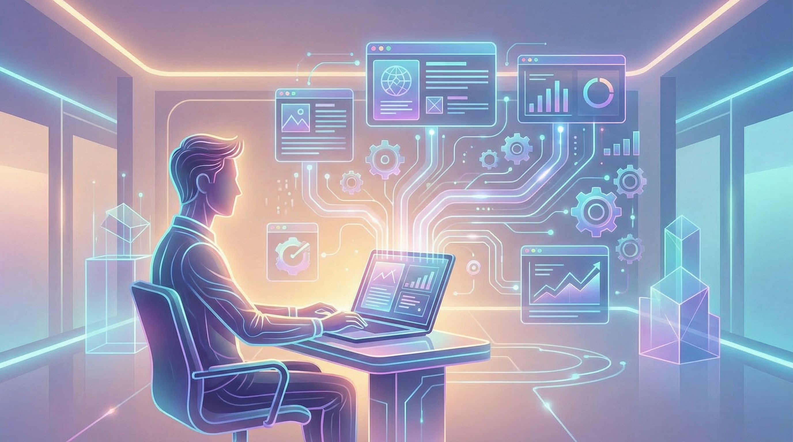 Product marketer at a laptop with multiple browser windows showing blog posts, feature launch dashbo