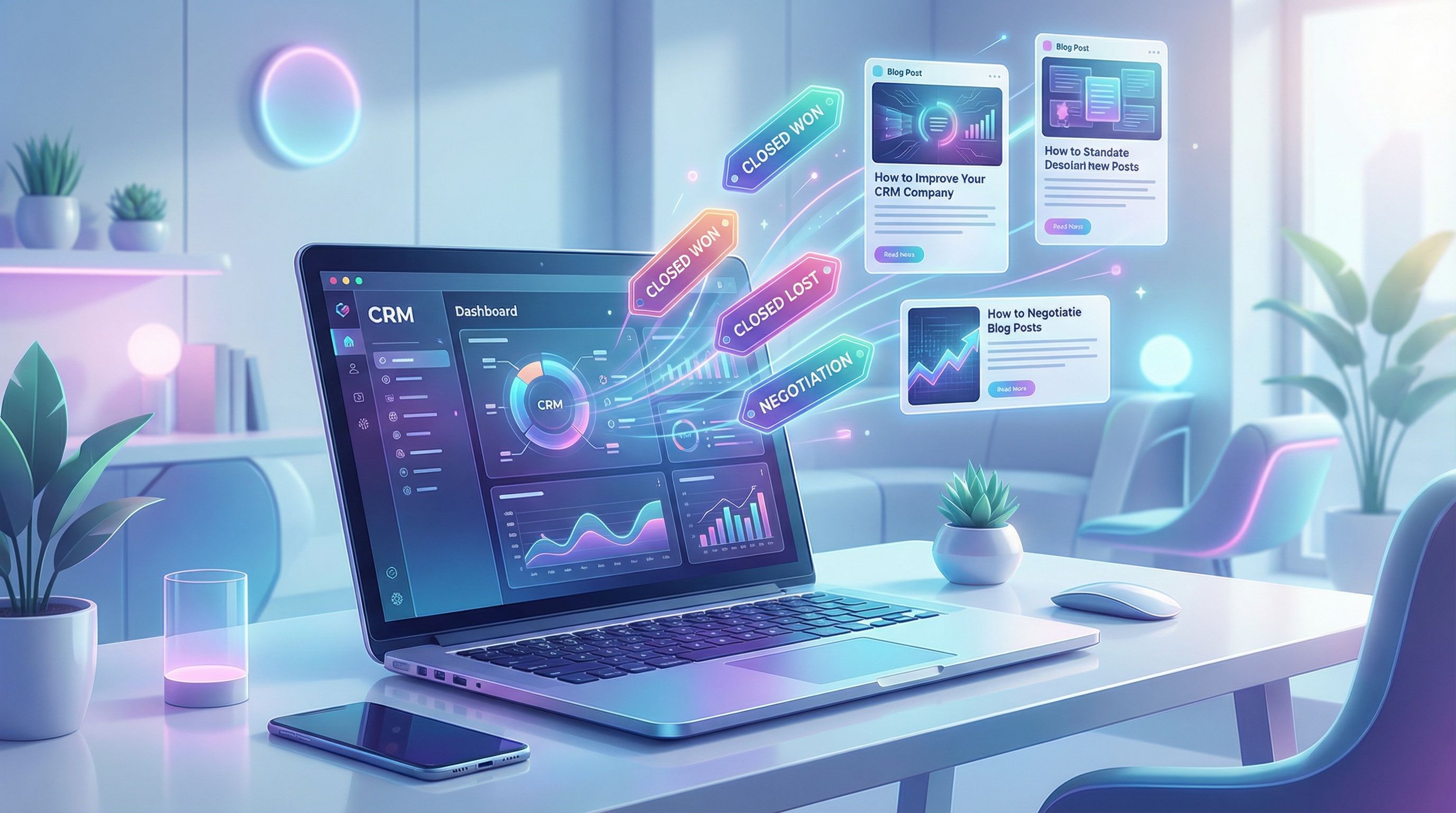 a stylized CRM dashboard on a laptop screen, with colorful tags like “Closed Won,” “Closed Lost,” an