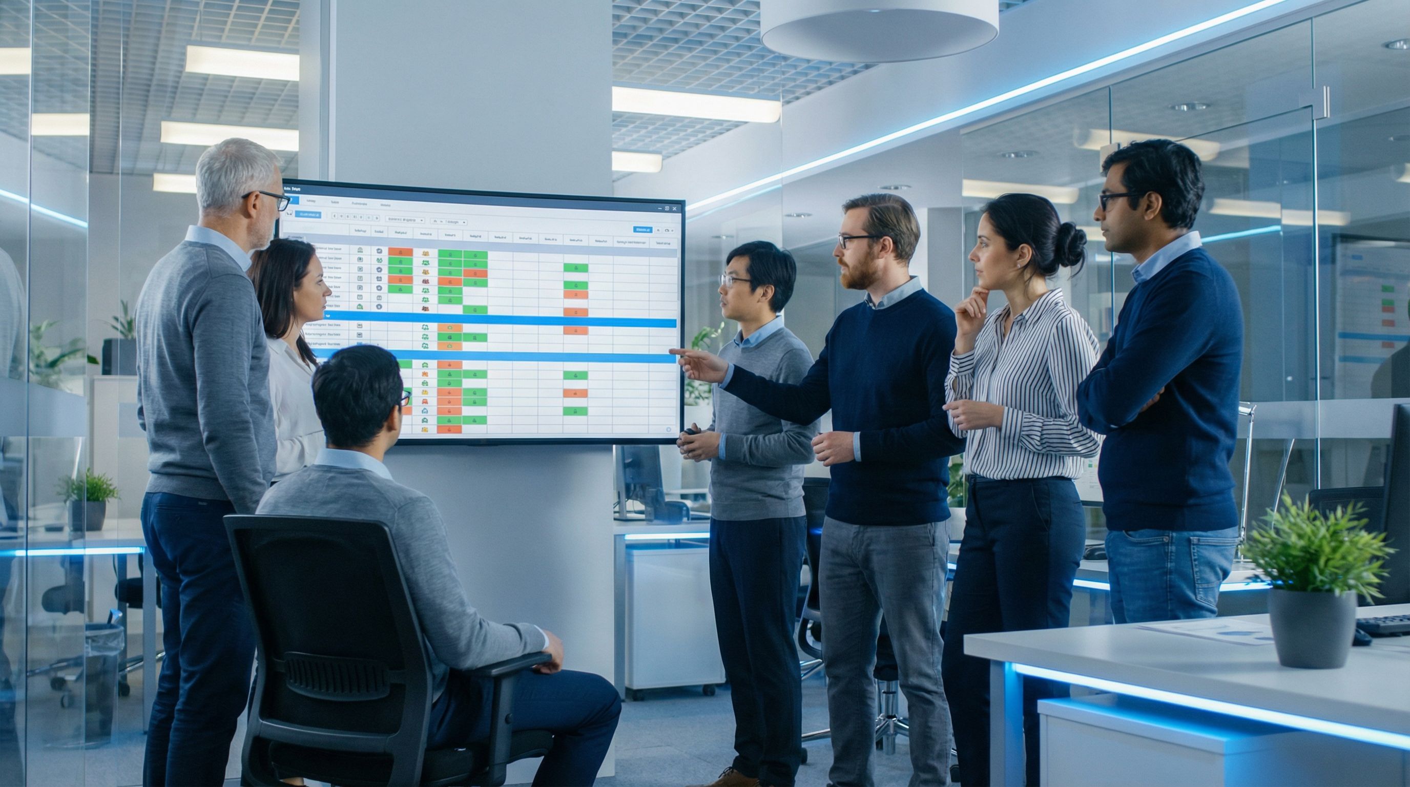 an operations team gathered around a large screen displaying a structured spreadsheet change log, wi