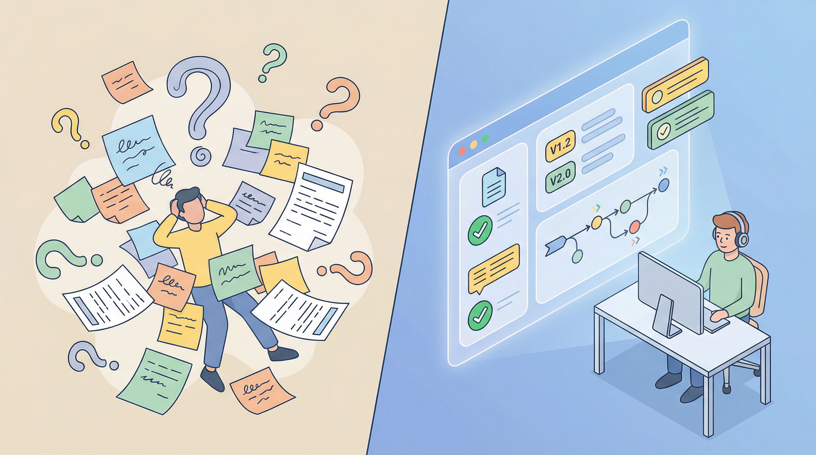 split-screen illustration showing on the left a chaotic mess of sticky notes, disconnected forms, an