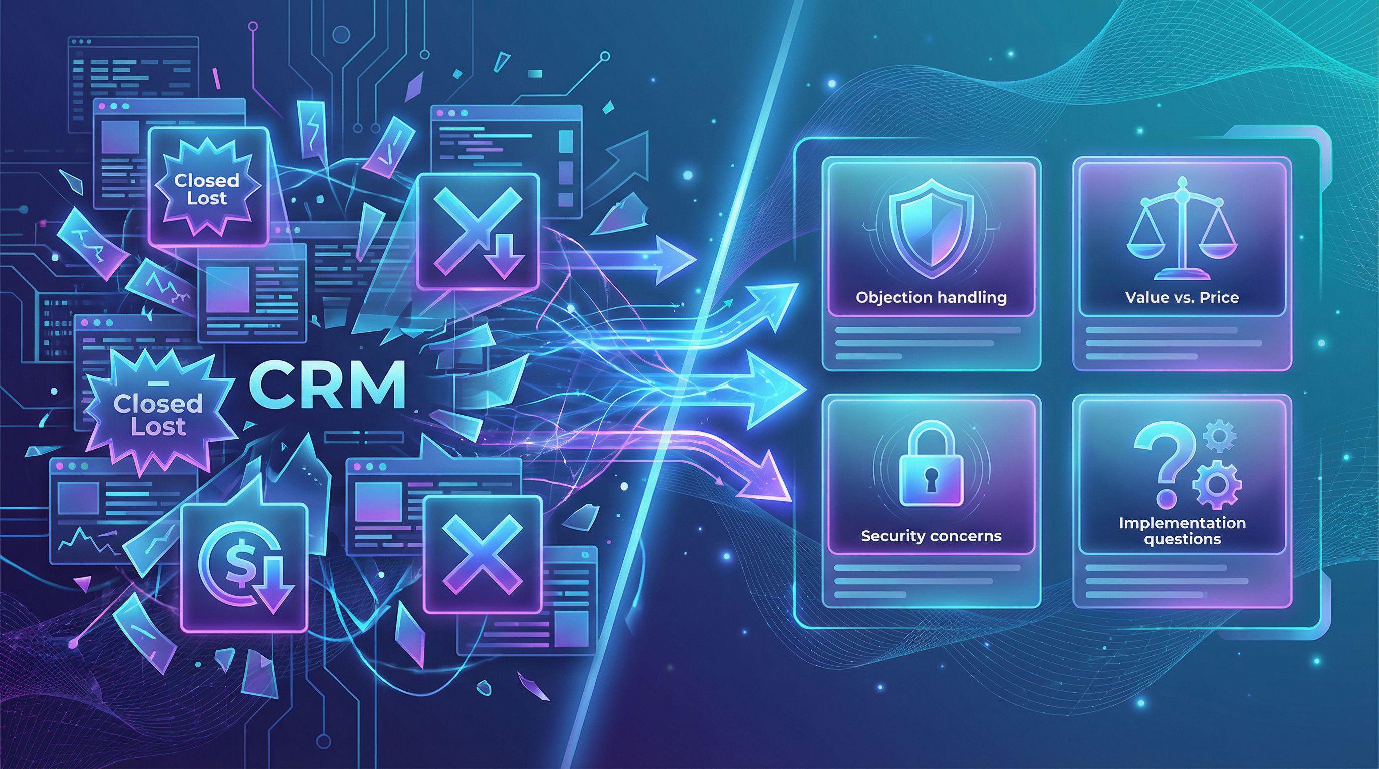 a split-screen illustration showing on the left a cluttered CRM table with “Closed Lost – Too Expens