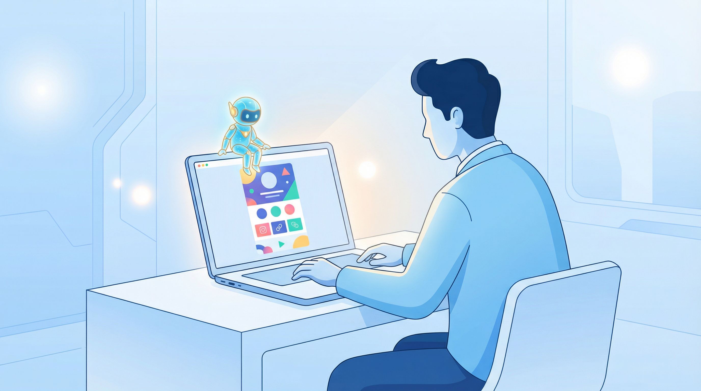 a creator sitting at a laptop with a tiny glowing AI character perched on the screen, both looking a