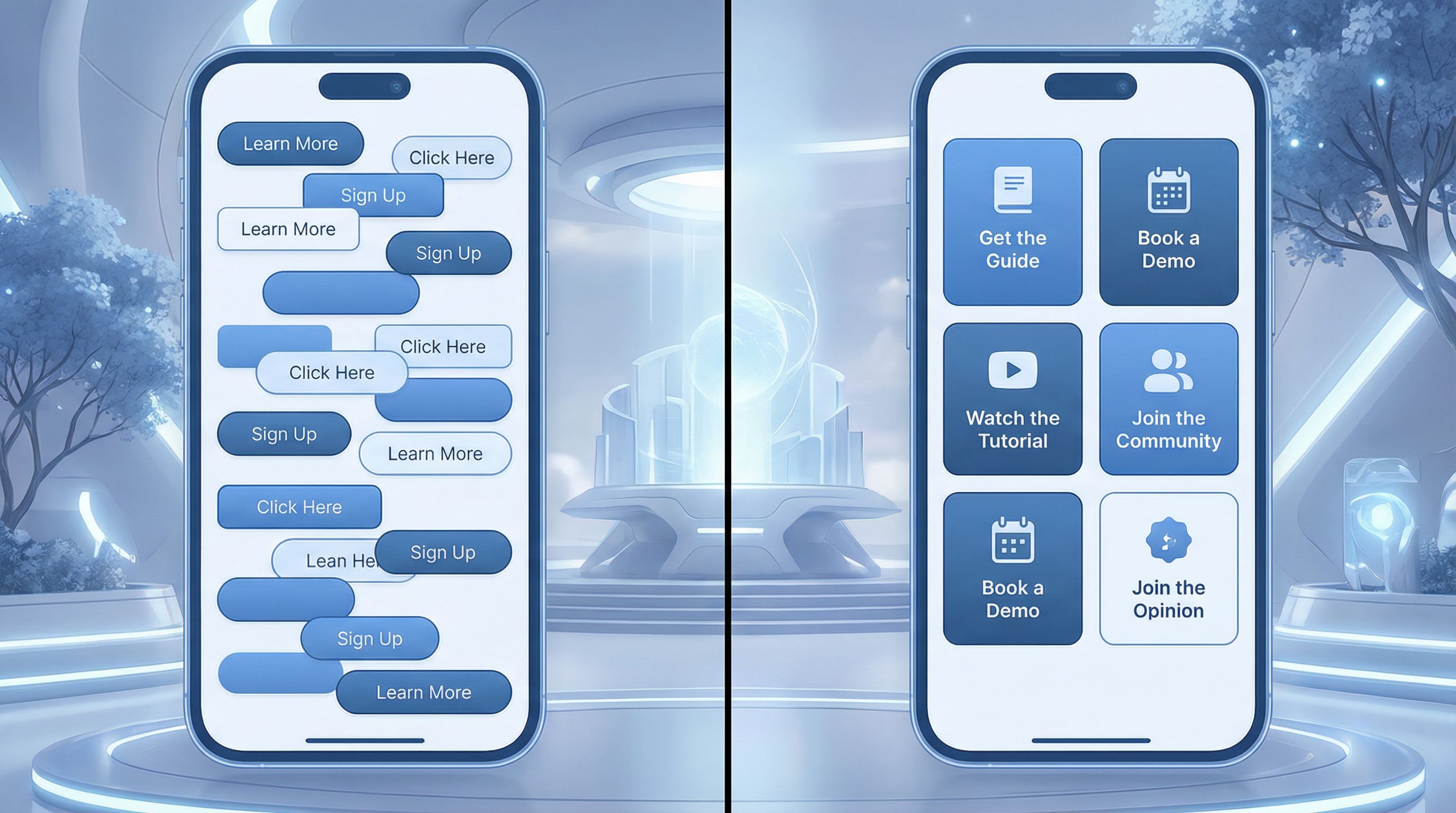 split-screen showing on the left a messy list of generic buttons like “learn more,” and on the right