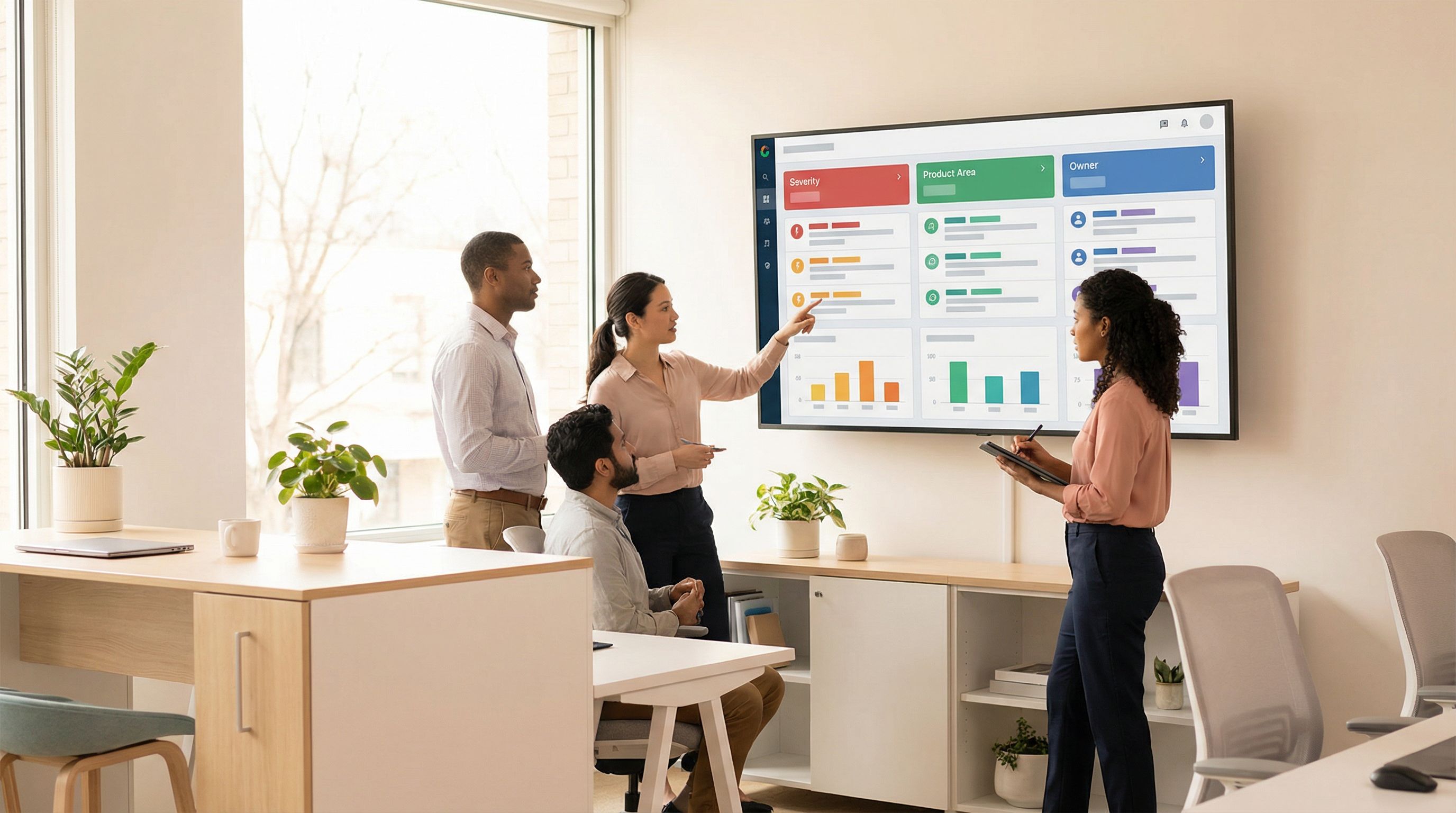 A dashboard-style view of a large monitor showing a color-coded Google Sheets table labeled “Support