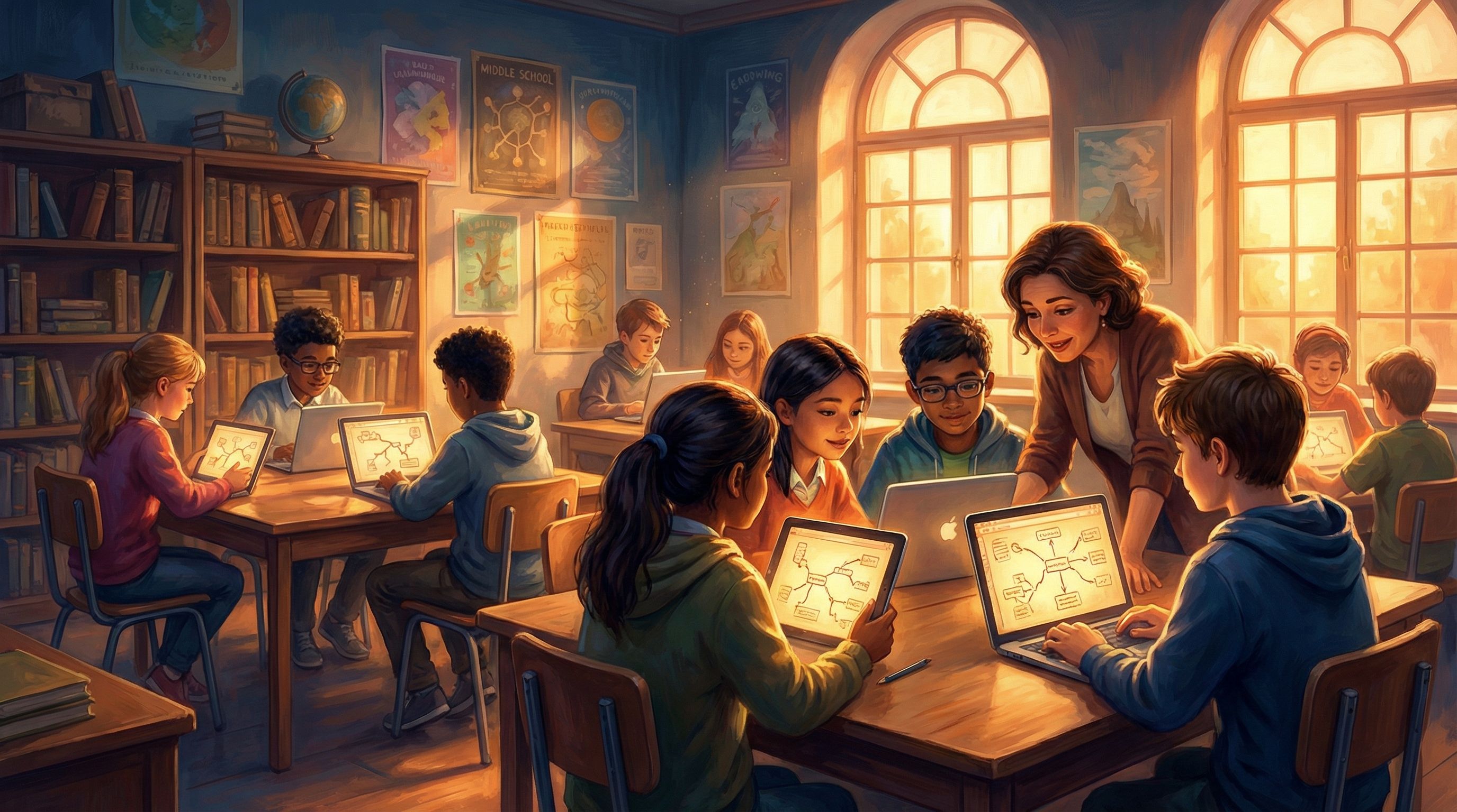 Middle-school or high-school classroom where diverse students in small groups gather around laptops