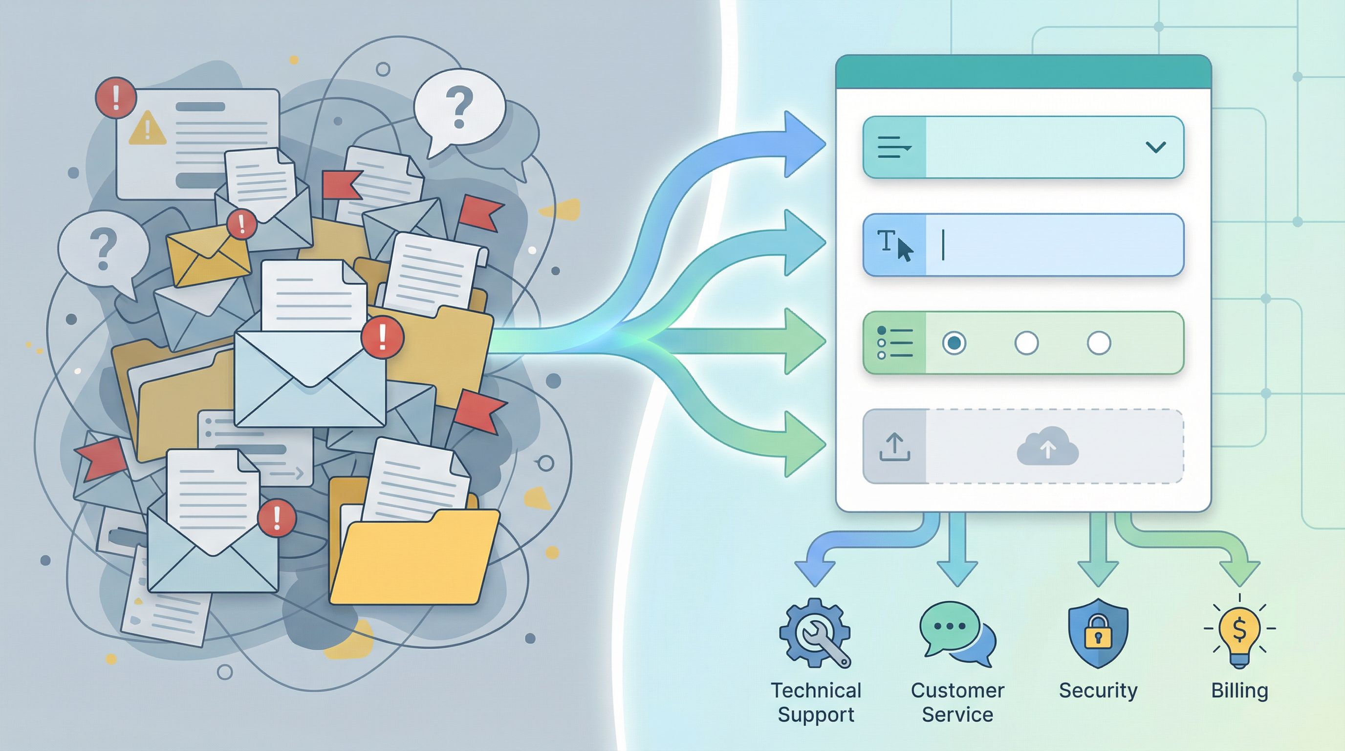 A split-screen illustration of a cluttered generic email inbox on the left and a clean, structured s