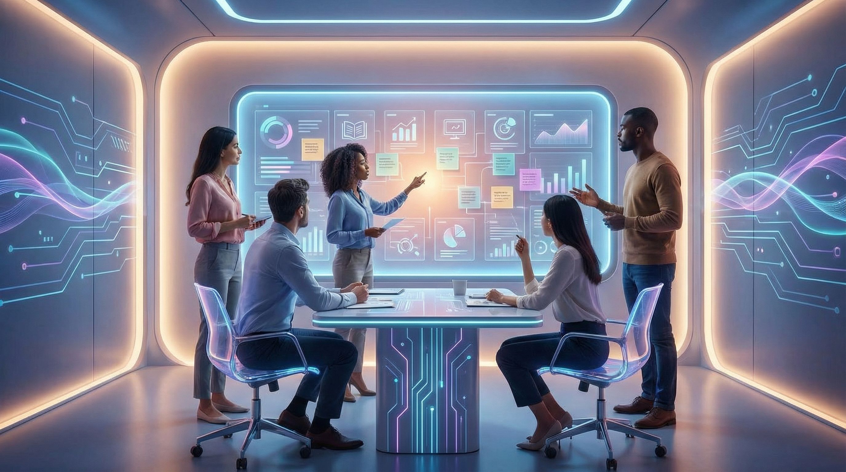 a marketing team in a small meeting room reviewing a large wall-mounted dashboard with simplified bl