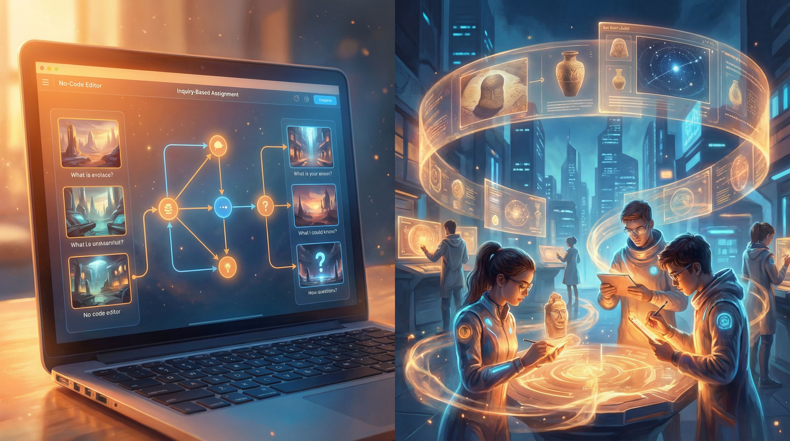 Split-screen composition: on the left, a clean laptop screen showing a branching flowchart of an inq