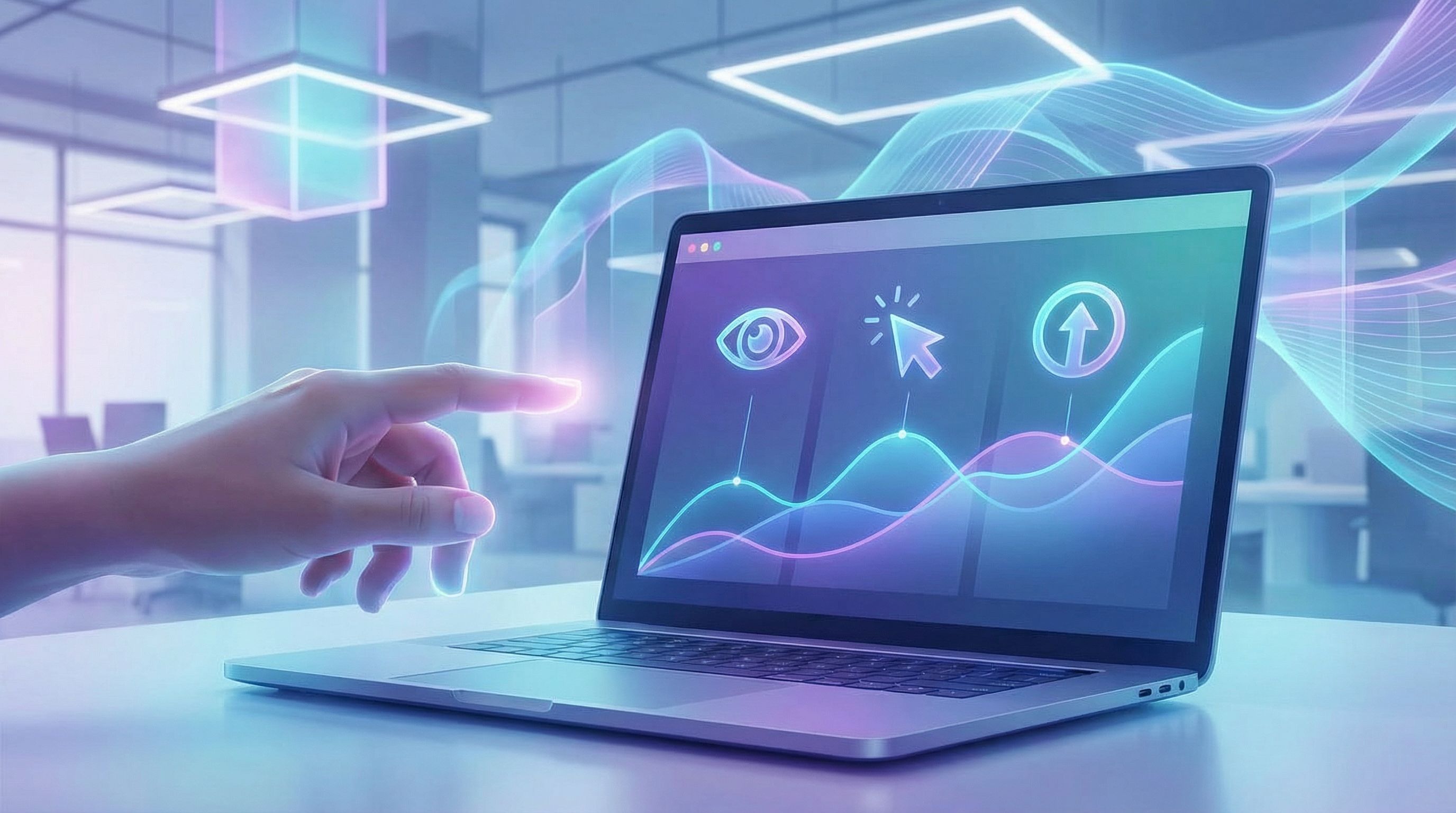 a clean analytics dashboard on a laptop screen, showing simplified blog metrics like impressions, cl