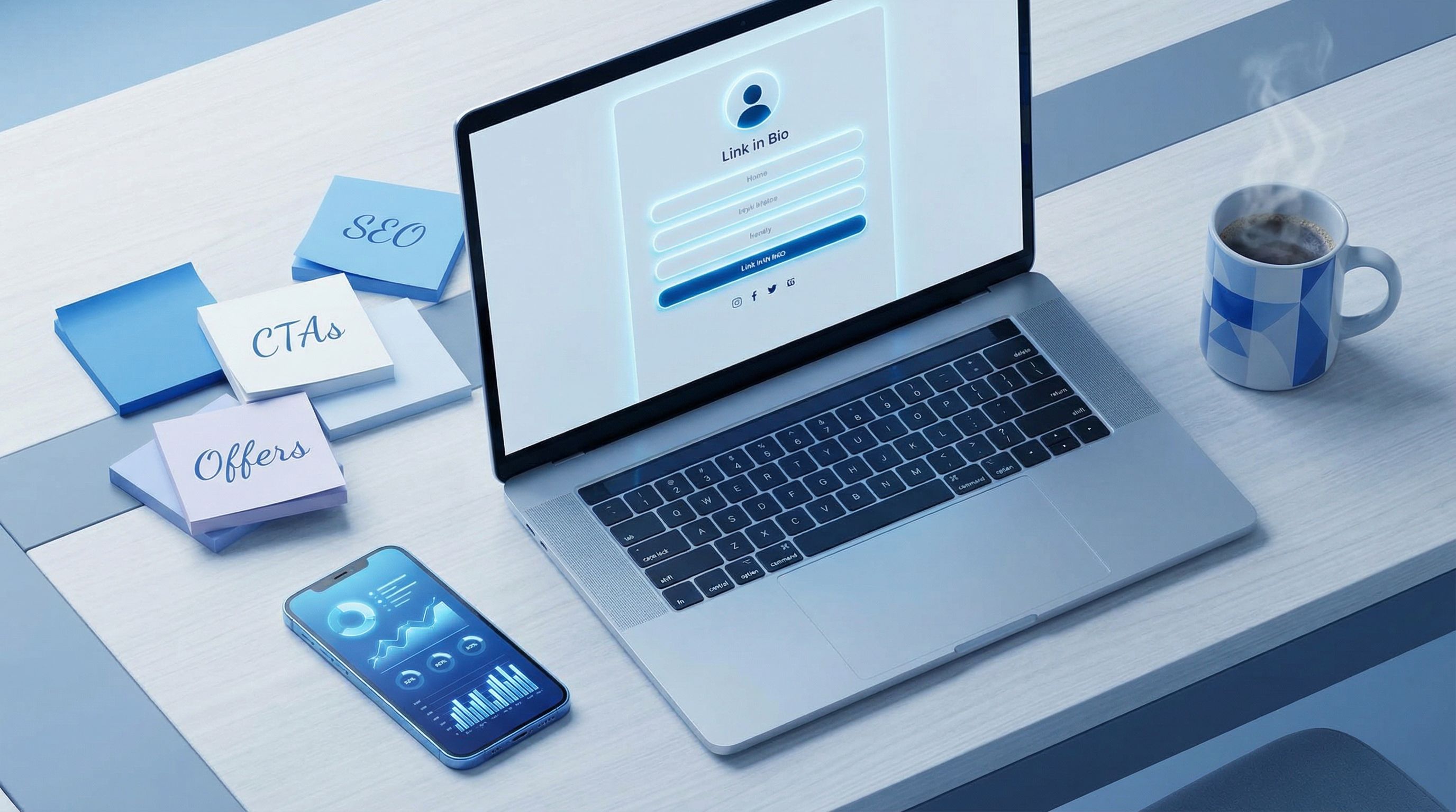 Overhead view of a creator’s workspace with a laptop displaying a stylish link-in-bio page, colorful