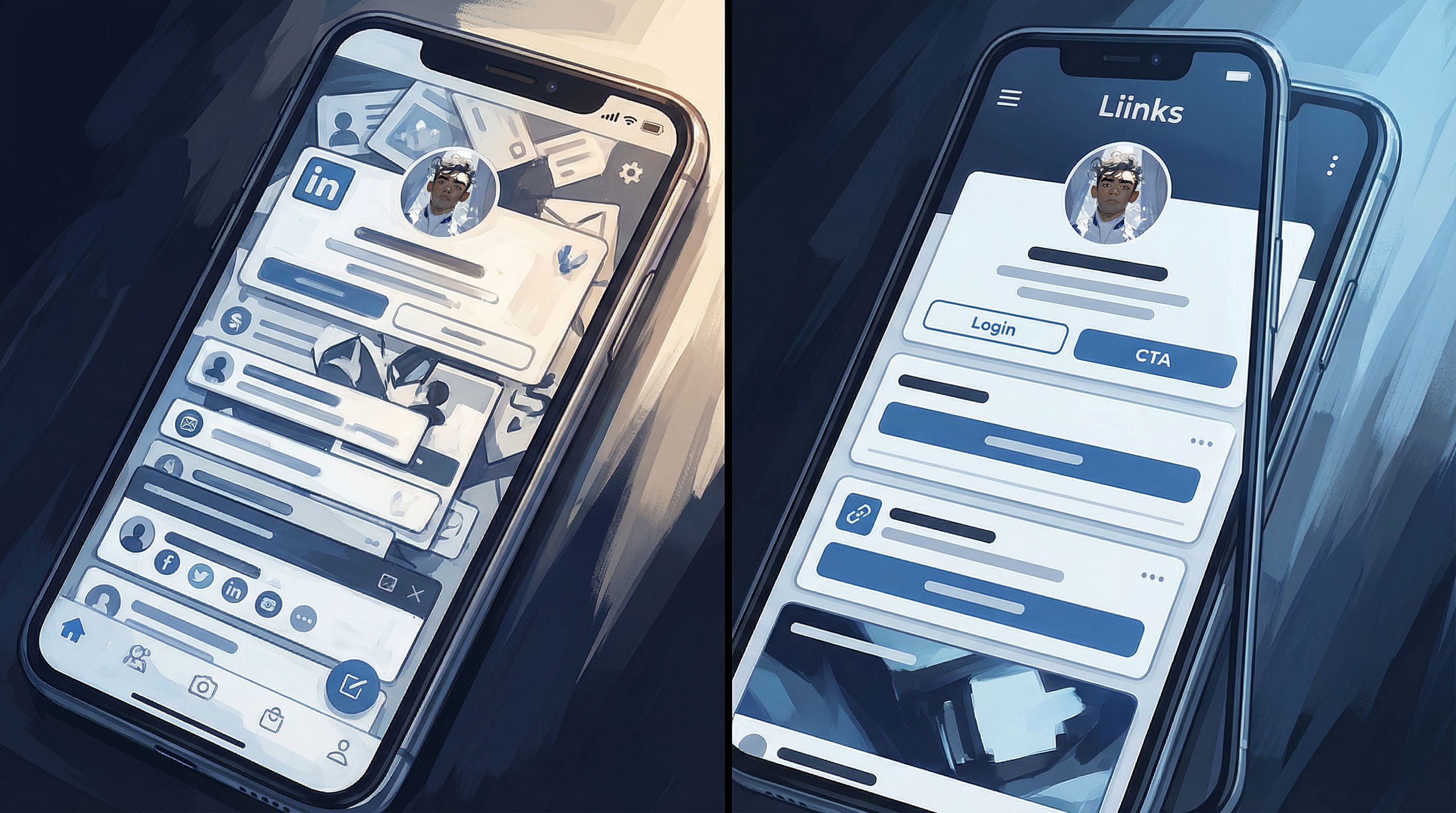 Split-screen illustration showing on the left a cluttered, chaotic list-style link-in-bio page on a